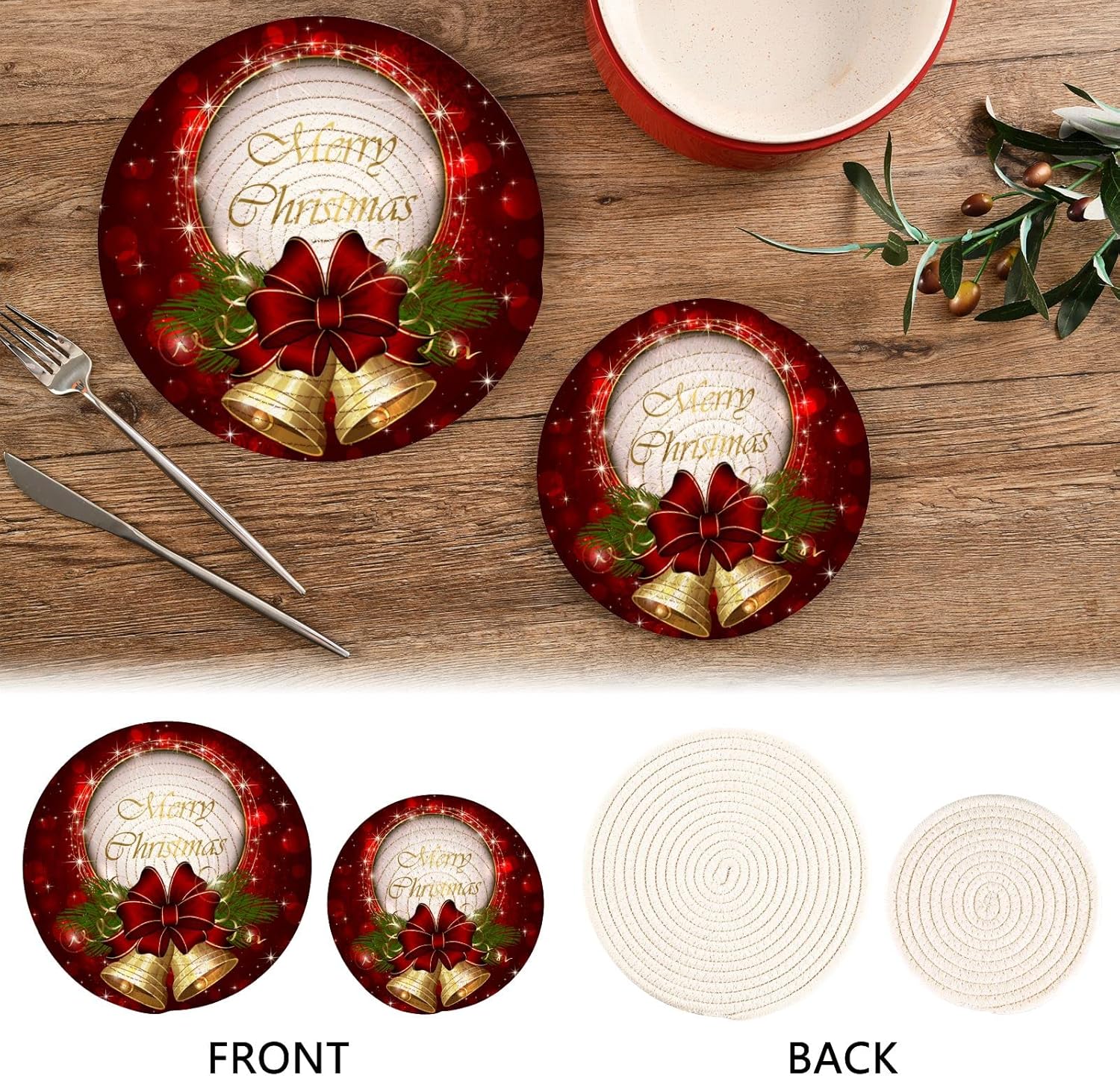 Juego de salvamanteles de campana de Navidad, almohadillas para cocina, resistentes al calor, feliz año nuevo, salvamanteles decorativos para platos