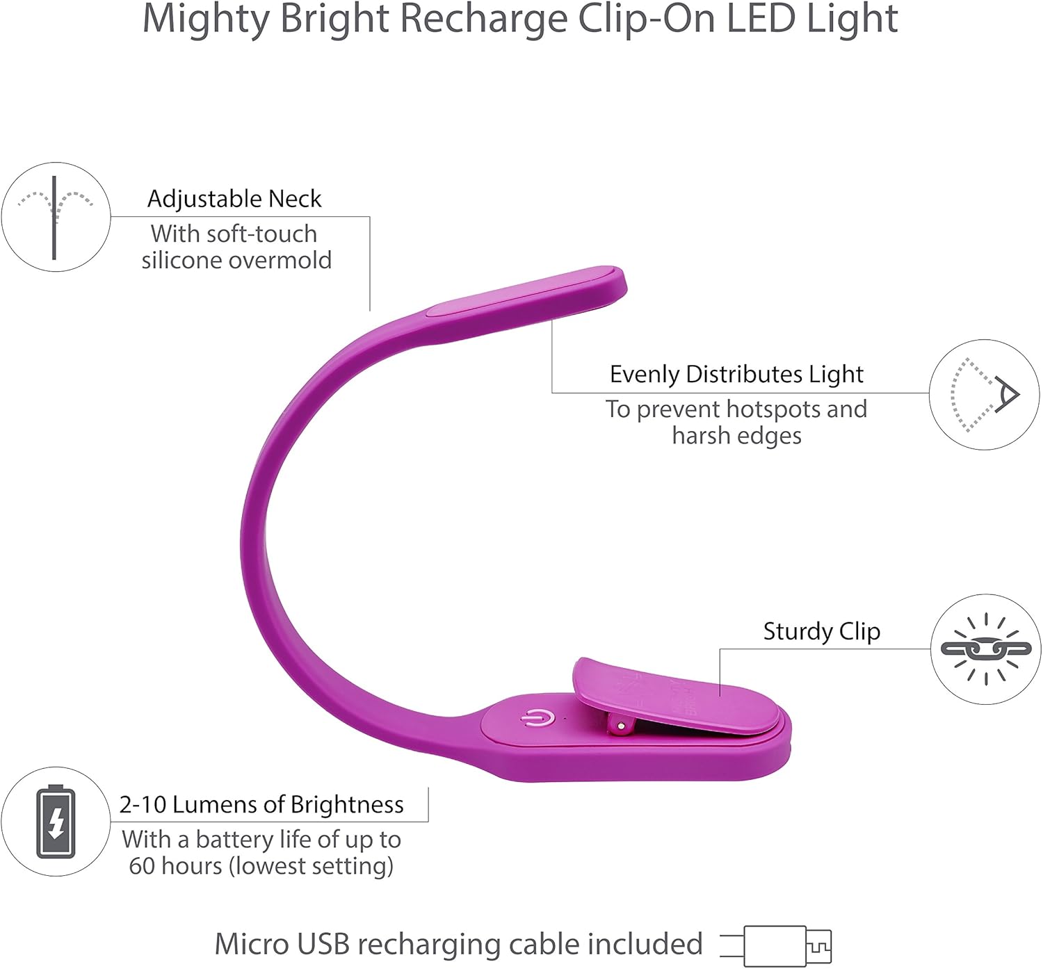 The Original Mighty Bright – Luz de lectura recargable con clip, luz LED cálida para el cuidado de los ojos, flexible, duradera, regulable, perfecta