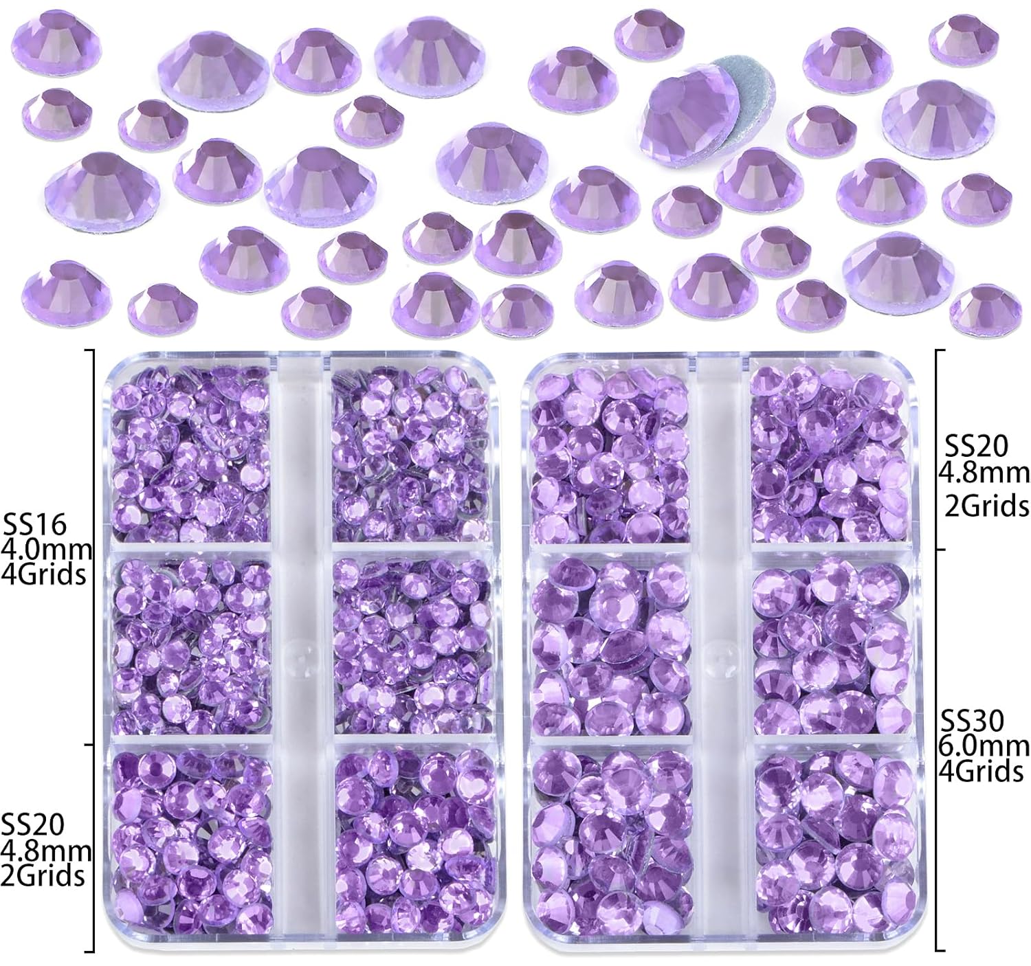10000 unidades de 5 diamantes de imitación termoadhesivos violetas de tamaño mixto para manualidades, ropa, arte de uñas con pinzas y lápiz para