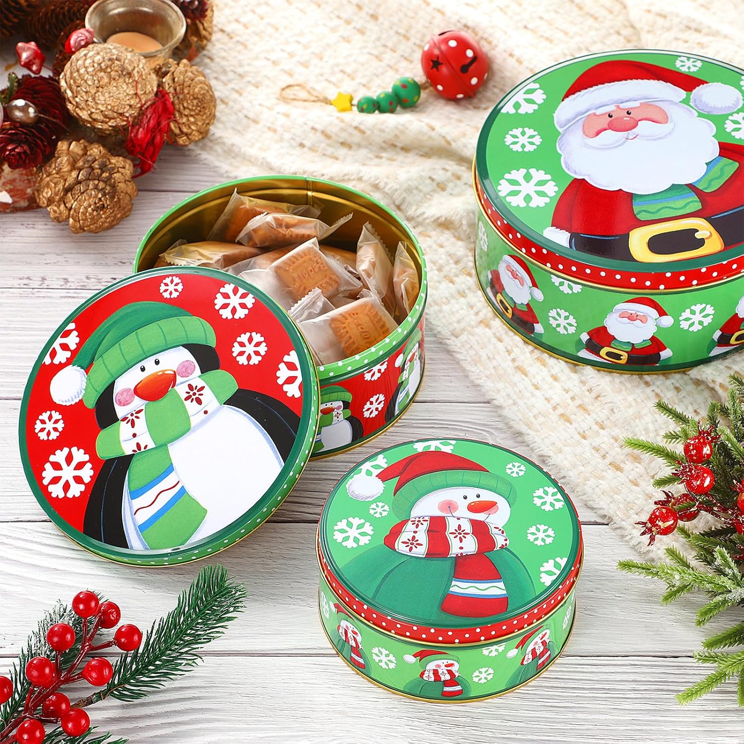 Blulu 3 latas de galletas de Navidad con tapas para regalar, recipientes de lata con tapas, latas de galletas festivas grandes, medianas y pequeñas,