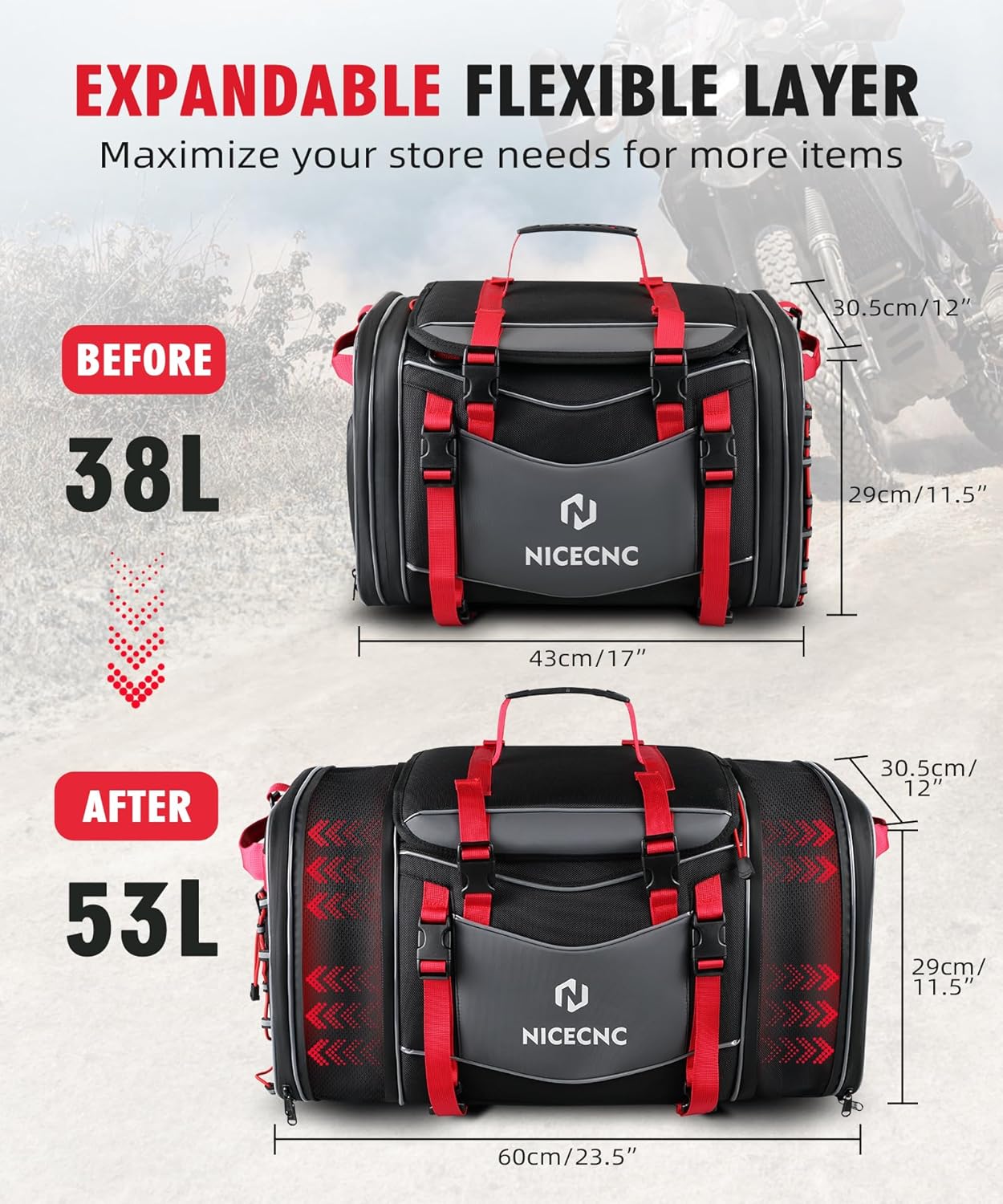 NICECNC Bolsa de equipaje para motocicleta, bolsa de asiento trasero de motocicleta expandible de 53 litros, bolsa universal de almacenamiento para