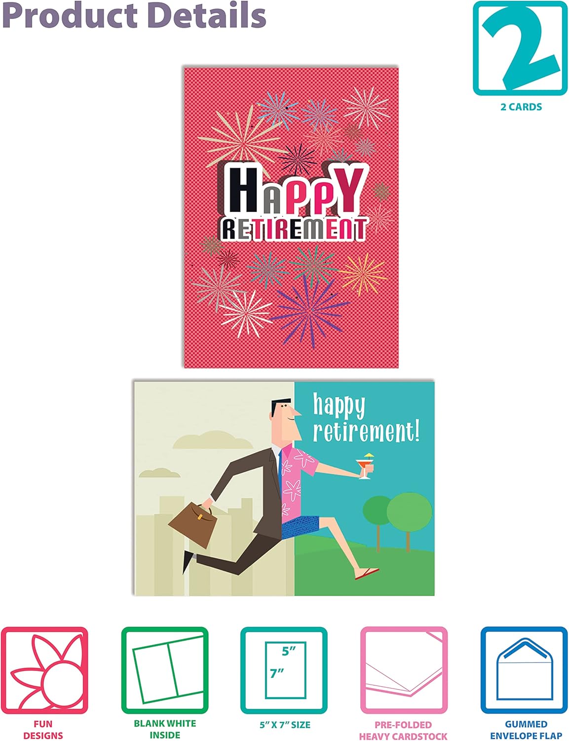 Better Office Products Paquete de 2 tarjetas de jubilación con sobres, felicitaciones por tu jubilación, tarjetas grandes (5 x 7 pulgadas), 2