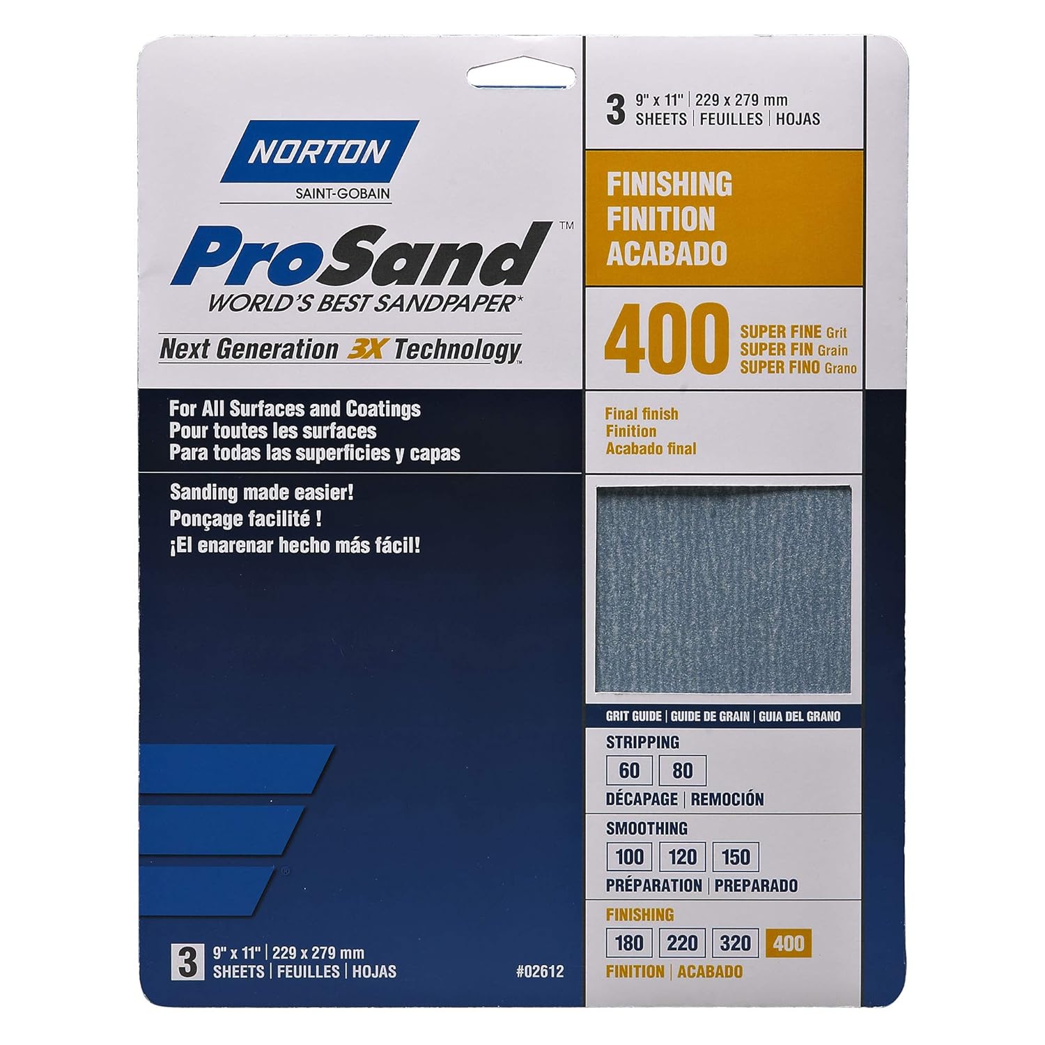 Norton Papel de lija ProSand para madera, metal y fibra de vidrio, hojas de lija de grano 400, papel de lija fino, paquete de 3