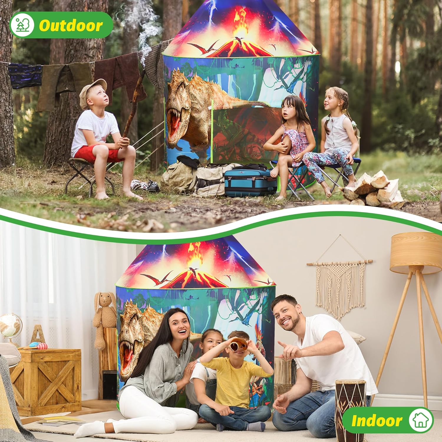 HopeRock Tienda de campaña de dinosaurio para niños con botón de rugido, tienda de campaña para niños con juguetes de dinosaurio para niños y niñas,