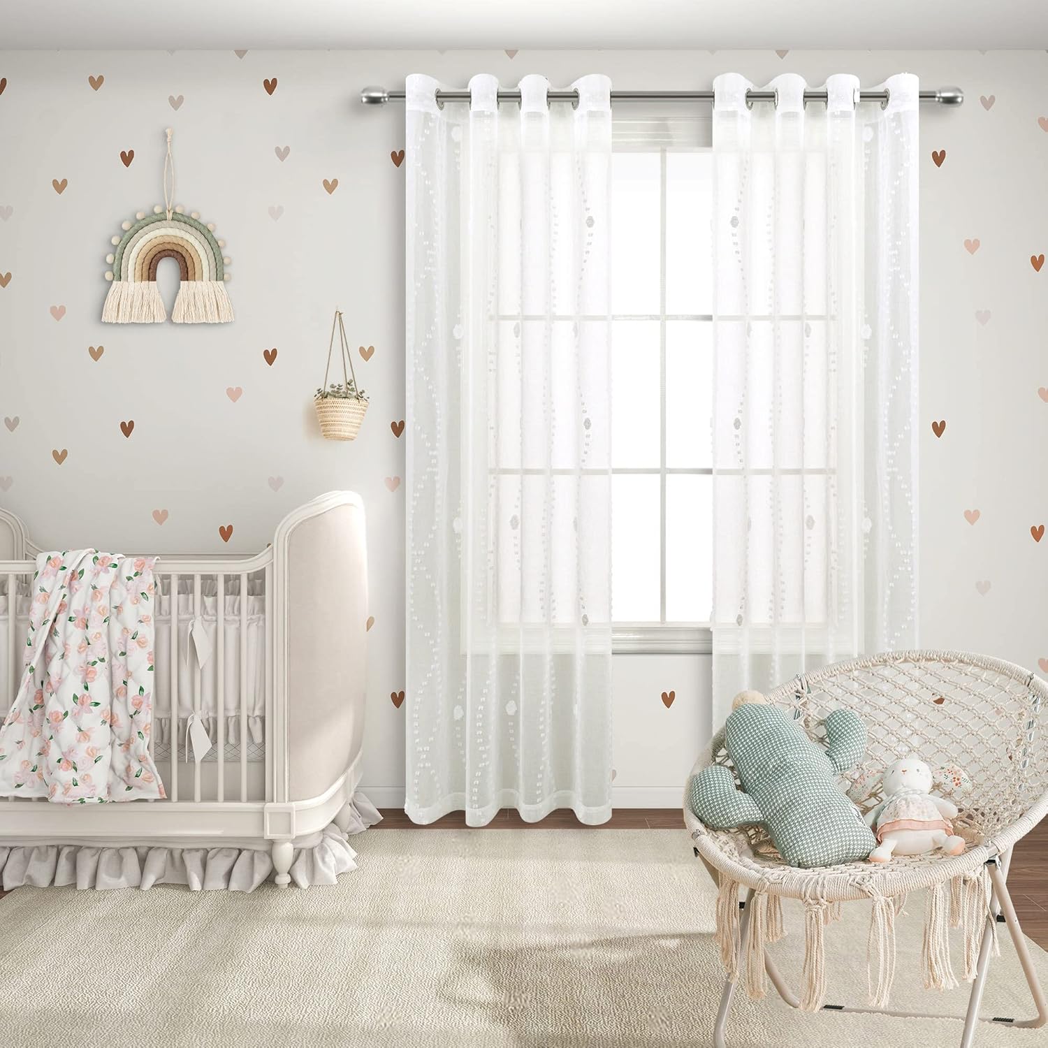 KOUFALL Juego de 2 paneles de 108 pulgadas de largo, con diseño de pompones, cortinas transparentes para ventana de sala de estar y dormitorio,