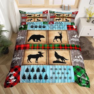 Juego de funda de edredón para niños de ciervo, oso, lobo, tamaño matrimonial, juego de ropa de cama de cabaña de aventura para niños, niñas, Juego de funda de edredón para niños de ciervo, oso, lobo, tamaño matrimonial, juego de ropa de cama de cabaña de aventura para niños, niñas,