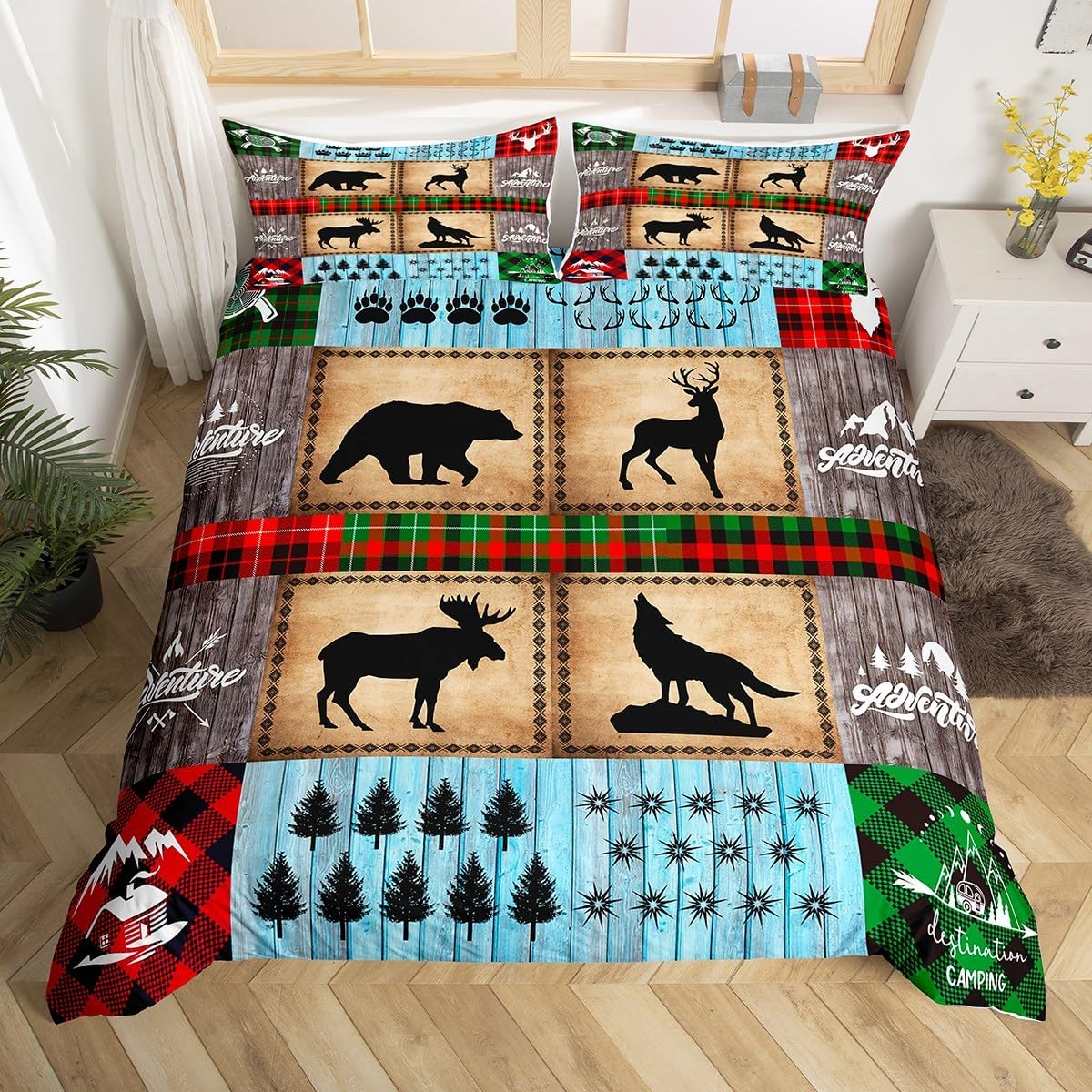 Juego de funda de edredón para niños de ciervo, oso, lobo, tamaño matrimonial, juego de ropa de cama de cabaña de aventura para niños, niñas,