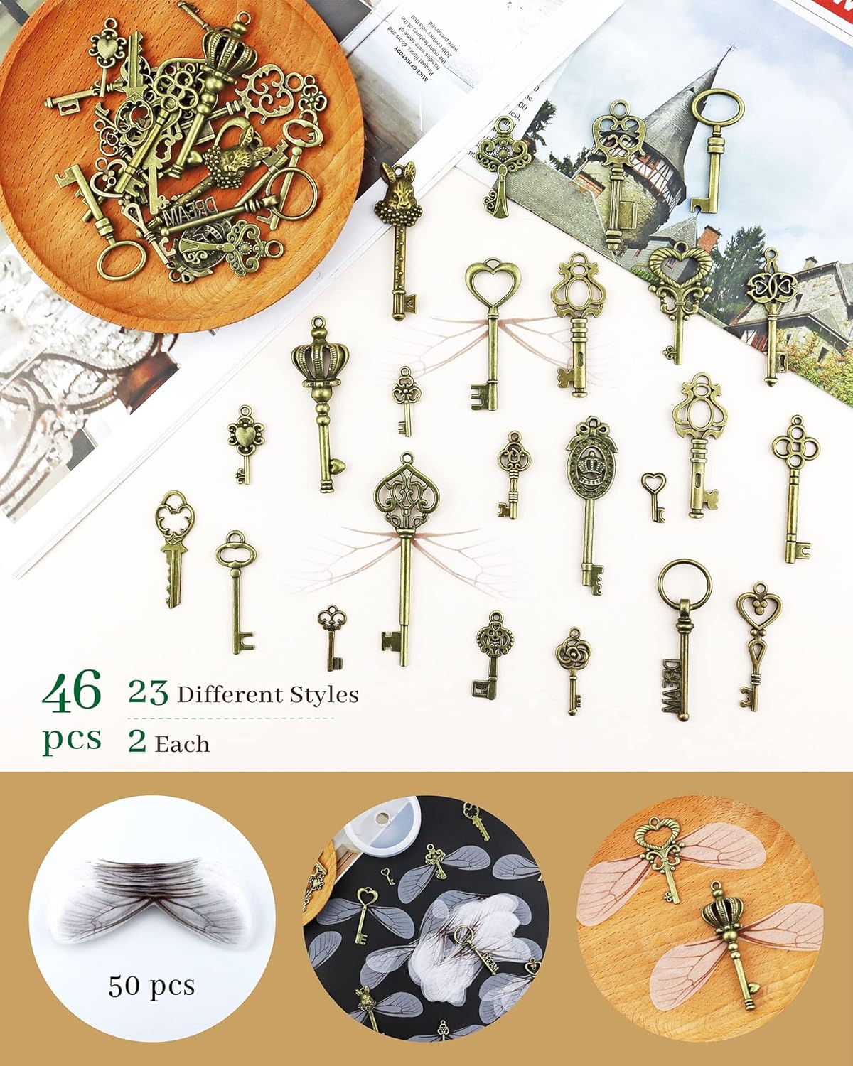 46 piezas de llaves de esqueleto vintage con 50 pares de alas de libélula y cuerda elástica de cristal de 30 yardas para hacer joyas, bodas,