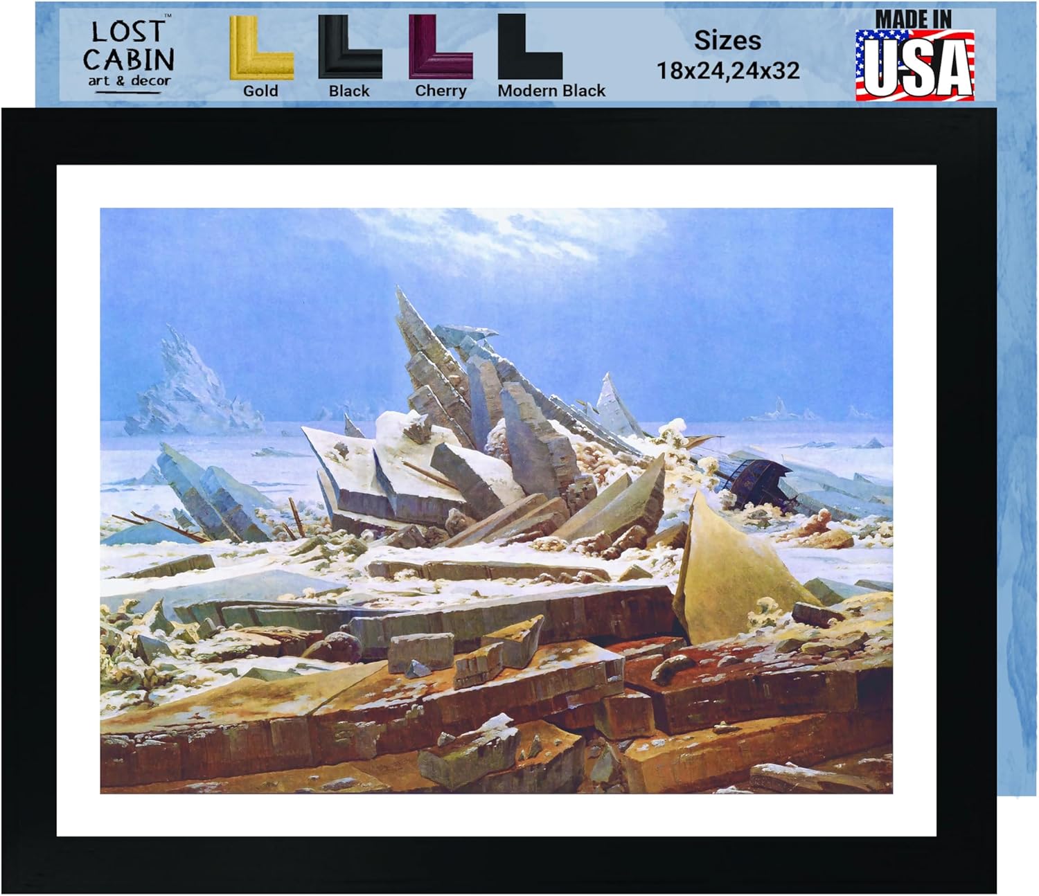 Caspar David Friedrich – Cabaña perdida El mar de hielo  Impresión enmarañada en marco plano negro  Reproducción de pinturas de obras de arte finas