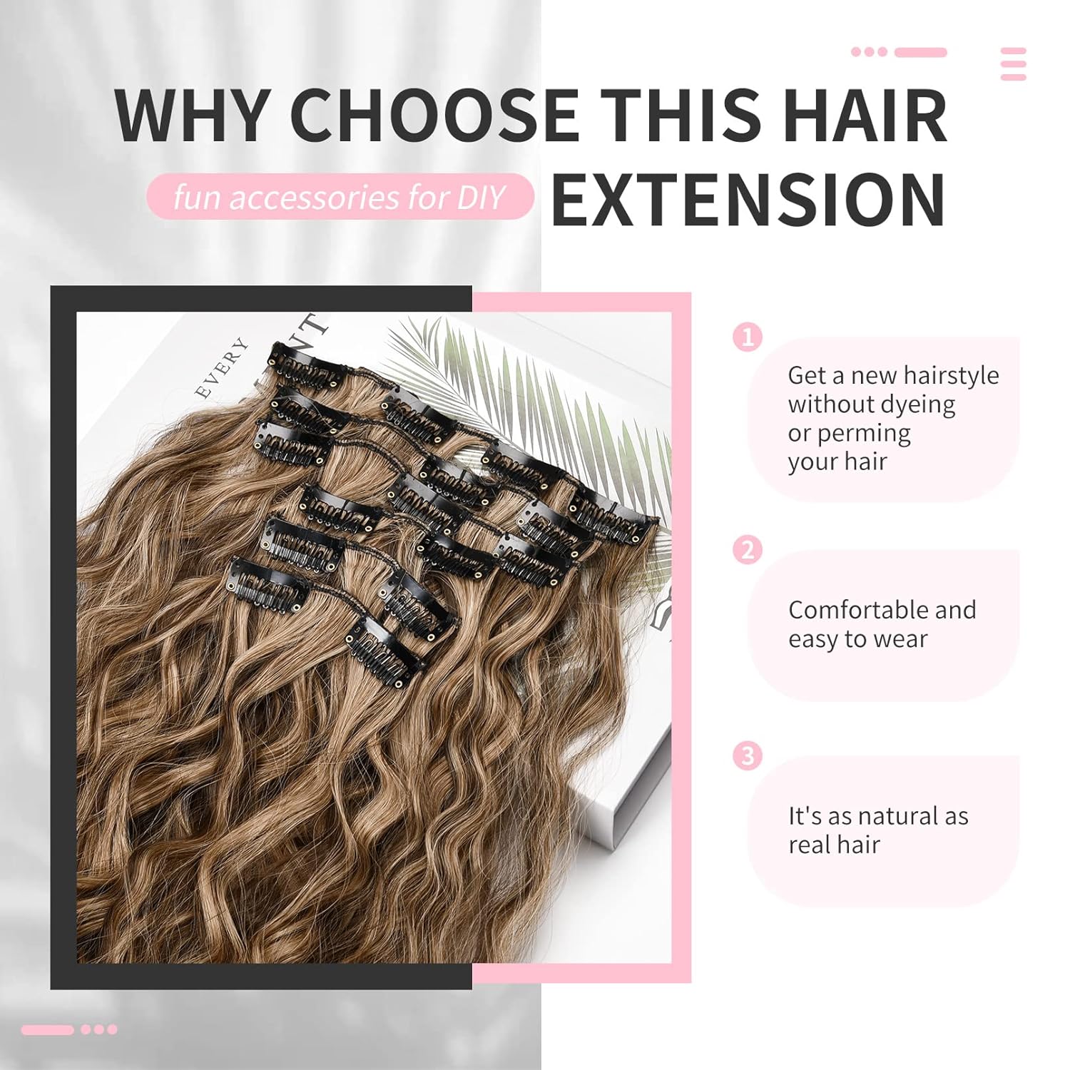FLUFYMOOZ Extensiones de cabello con clip, 6 unidades, extensiones de cabello sintético ondulado con clip, para mujer, 24 pulgadas (marrón oscuro