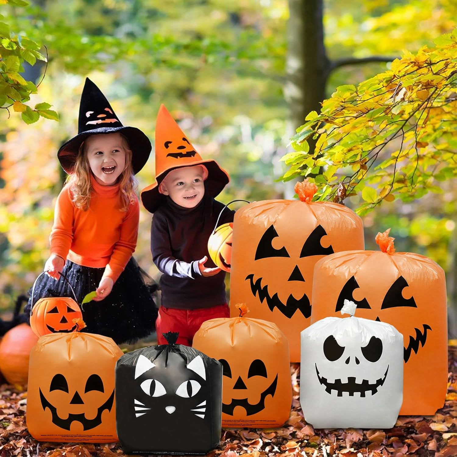 6 bolsas de calabaza de Halloween para césped, incluye 2 bolsas de 48 x 36 pulgadas de calabaza sonriente y 4 bolsas de basura de Halloween de 30 x