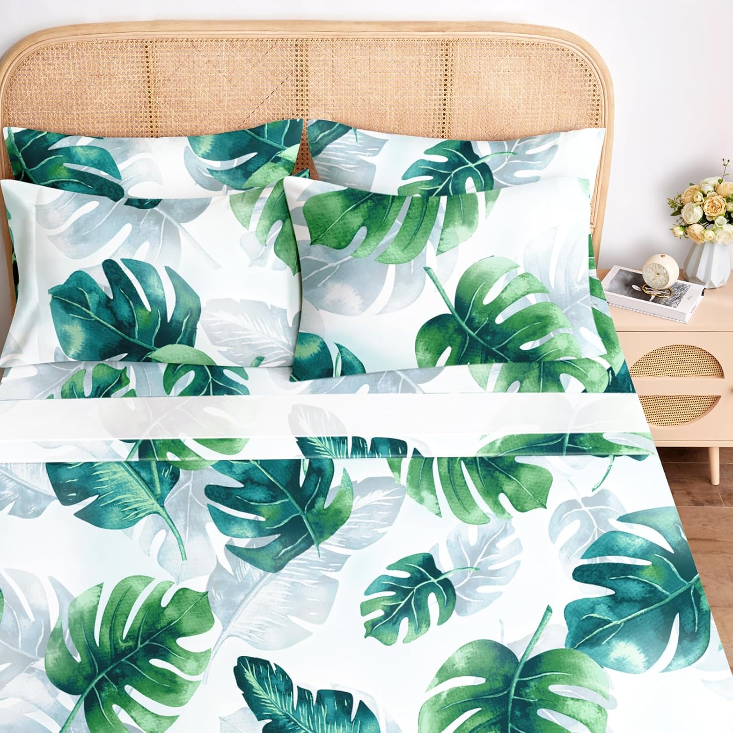 BYSURE Juego de sábanas Queen de 6 piezas (verde Monstera Deliciosa), sábanas con patrón botánico de núcleo de cabaña, decoración de ropa de cama de