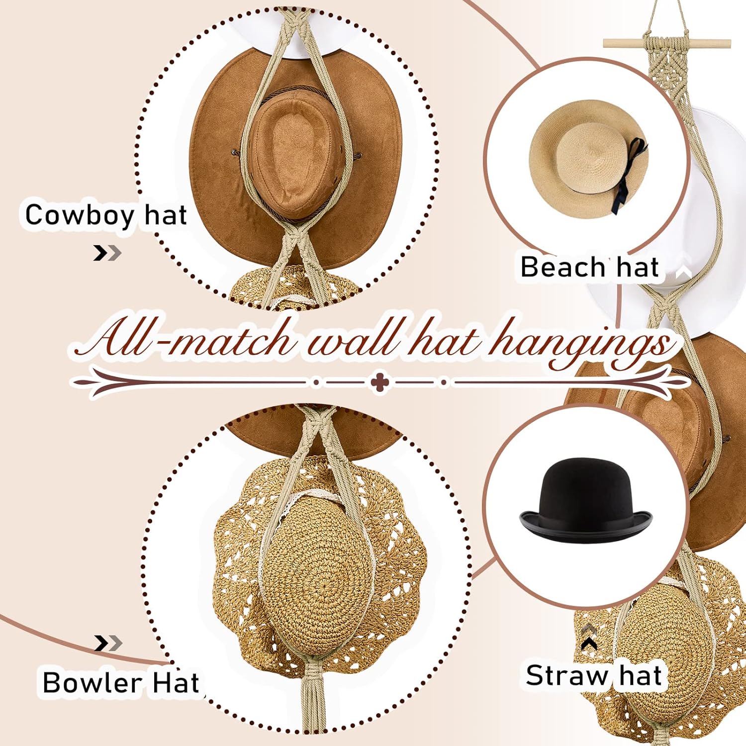 Perchas de macramé para sombreros, estilo bohemio, para colgar sombreros de vaquero, organizador para la parte trasera de la puerta (beige, estilo