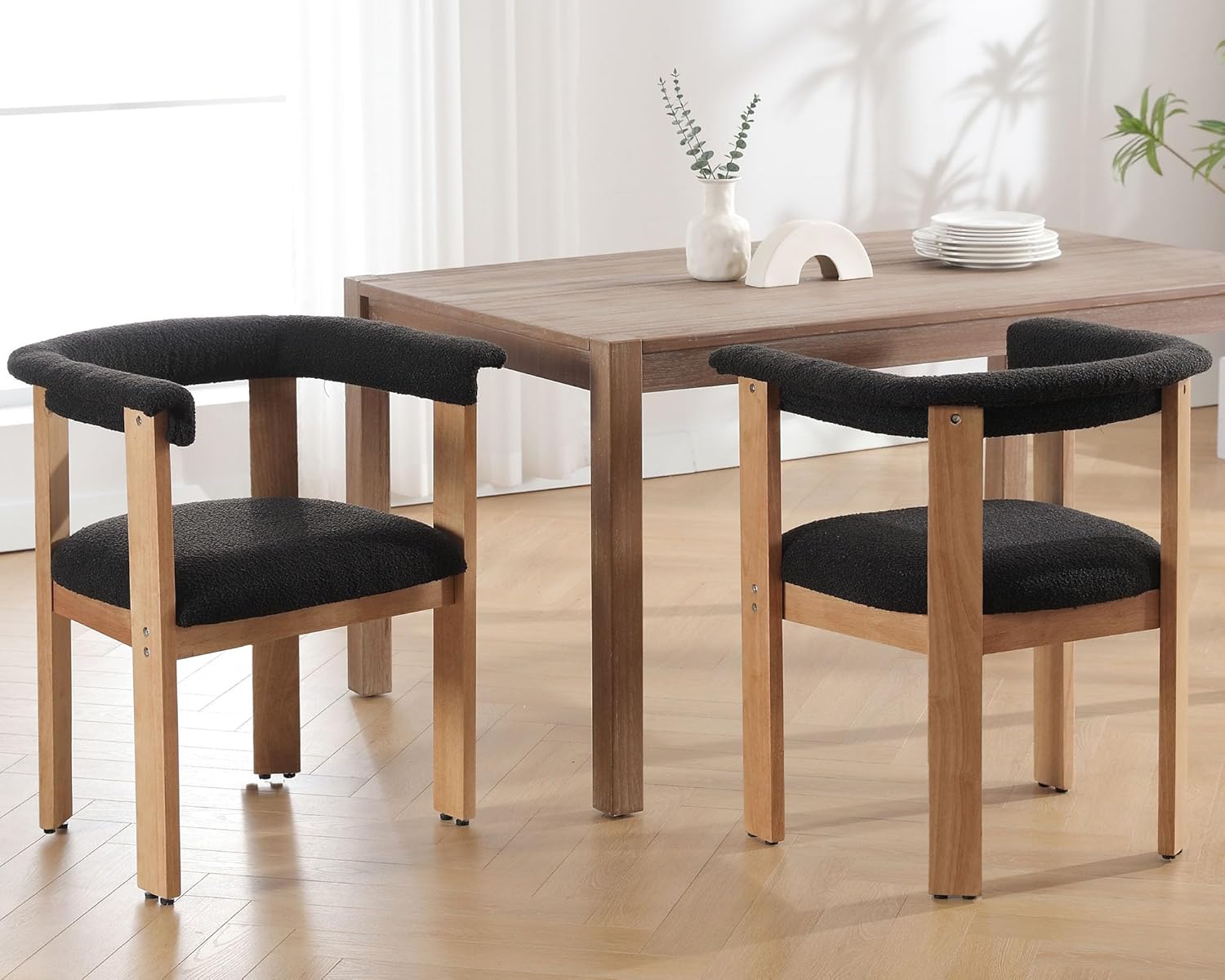 VESCASA Sillas de comedor tapizadas con patas rectangulares de madera marrón claro, sillas de comedor modernas de vellón sherpa de mediados de siglo
