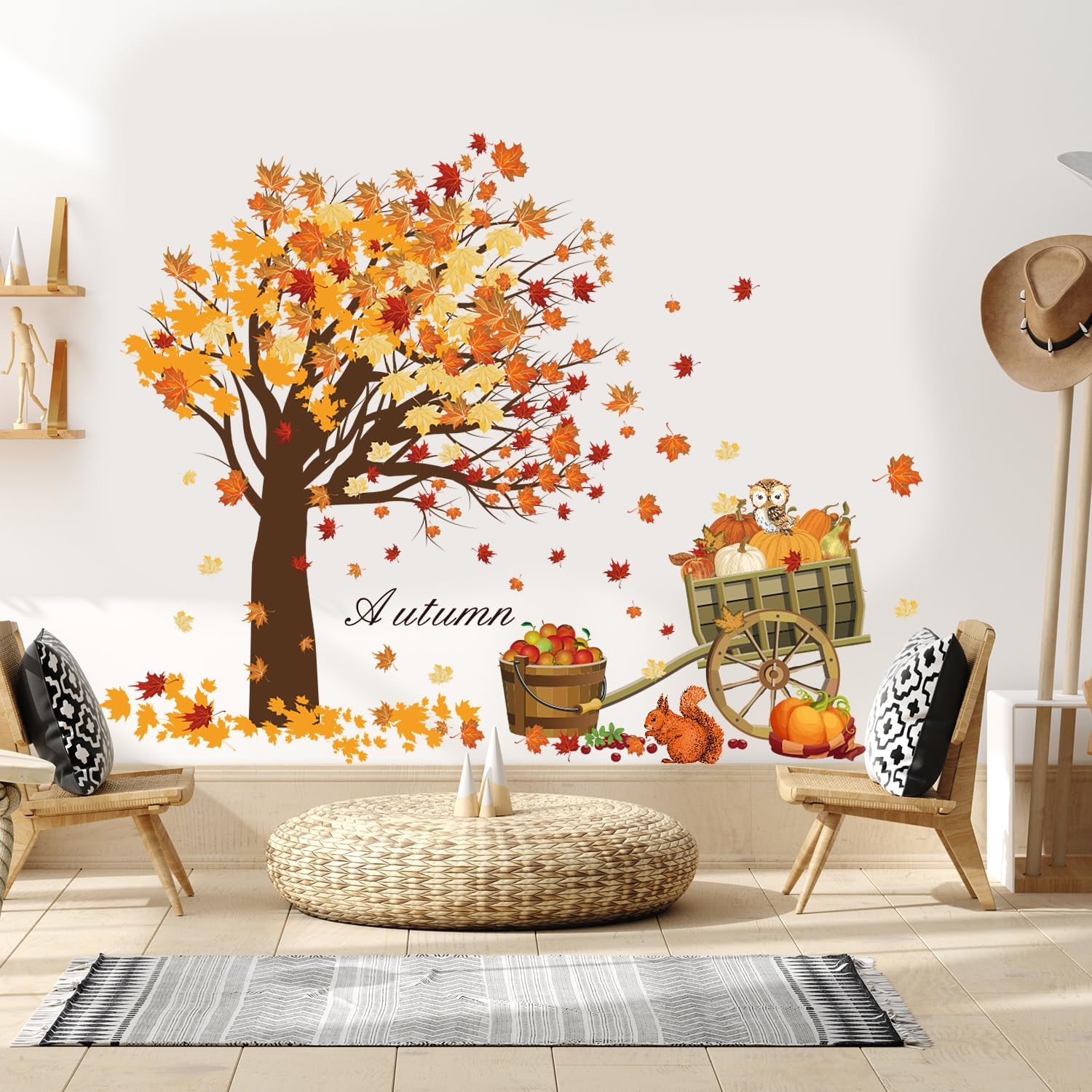 Rajahubri Calcomanía de pared de otoño de Acción de Gracias, hojas de arce, calcomanías de pared de calabazas de cosecha de otoño, lindos animales,