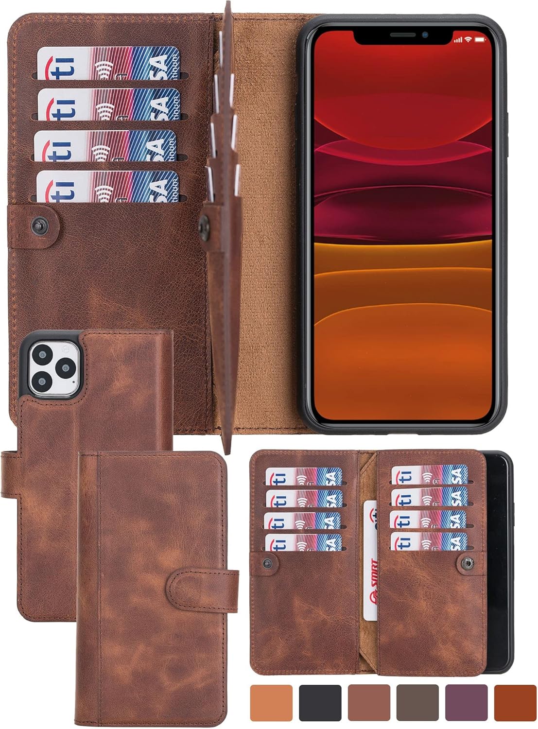 Funda de piel auténtica de alta calidad hecha a mano para iPhone 12 Pro de 6.1 pulgadas, tarjetero doble folio, funda magnética desmontable, soporte