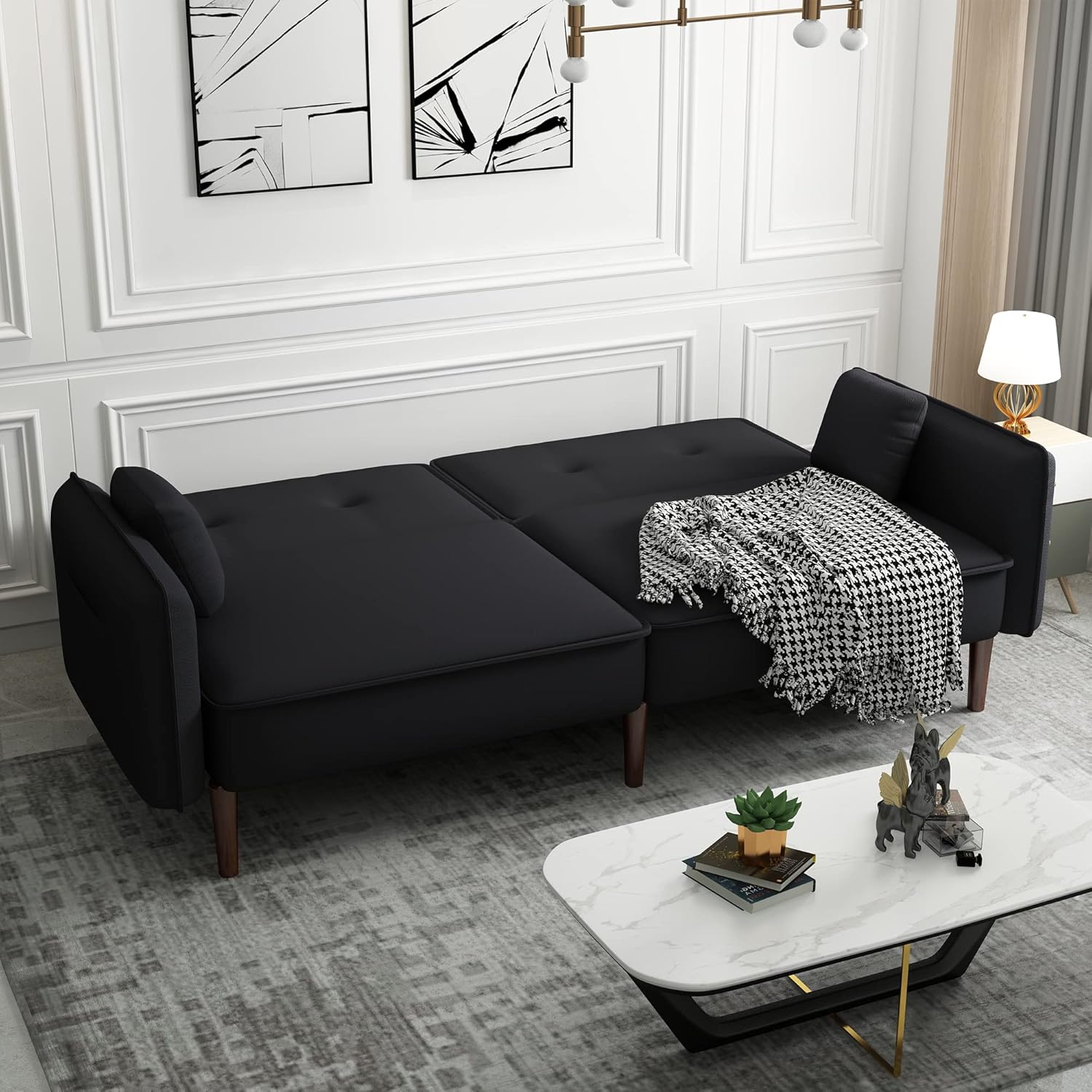 Sofá biplaza tipo futón, sofá cama convertible con bolsa para revistas, patas de madera maciza en tela negra para sala de estar, dormitorio,