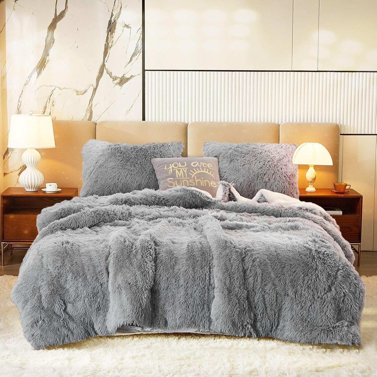 Juego de edredón de lujo de pelo sintético lanudo tamaño individual, edredón reversible de felpa y sherpa, color gris, juego de ropa de cama mullido