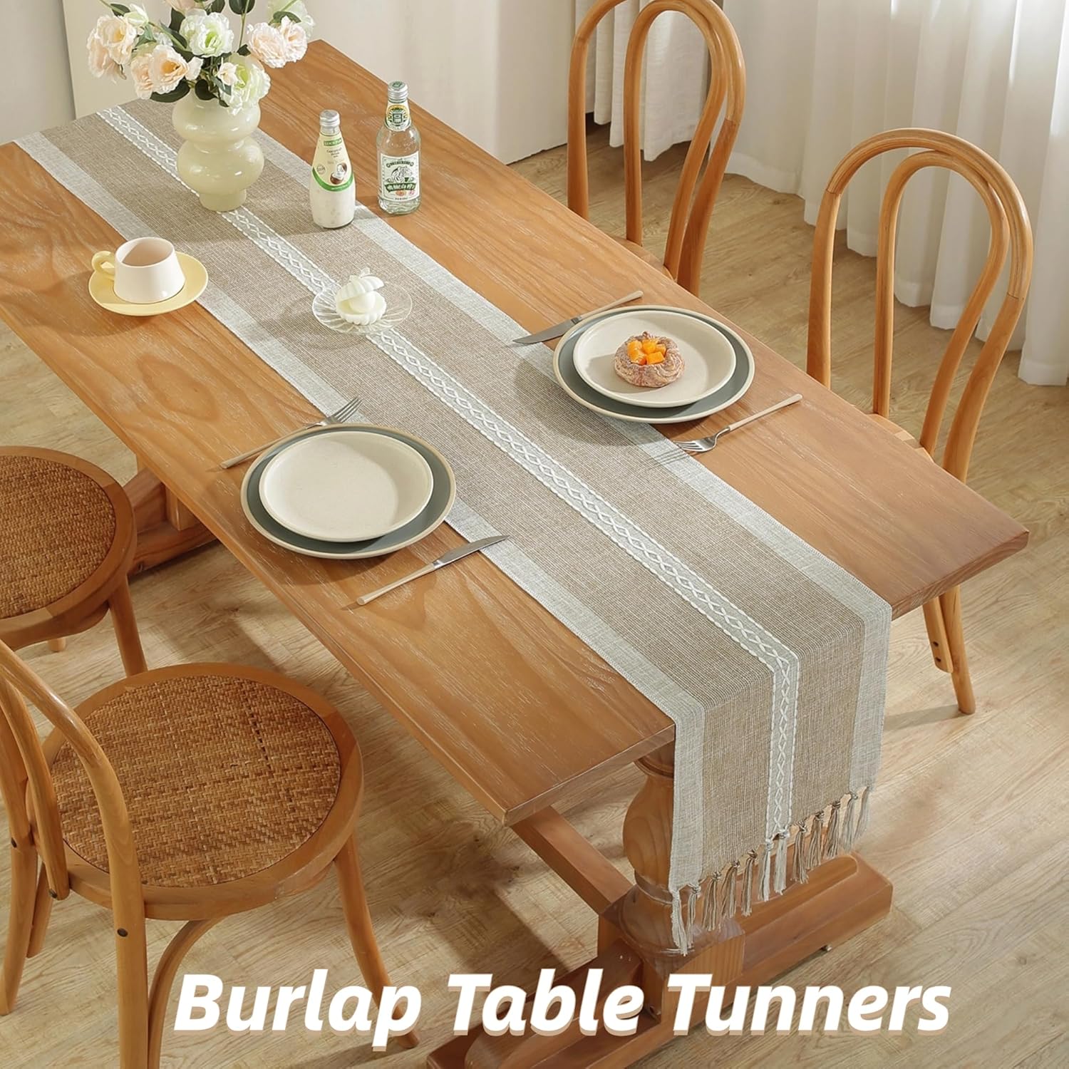Camino de mesa de lino rústico con borlas, caminos de mesa de granja de 72 pulgadas de largo, decoración de mesa para decoración de fiestas, bodas y