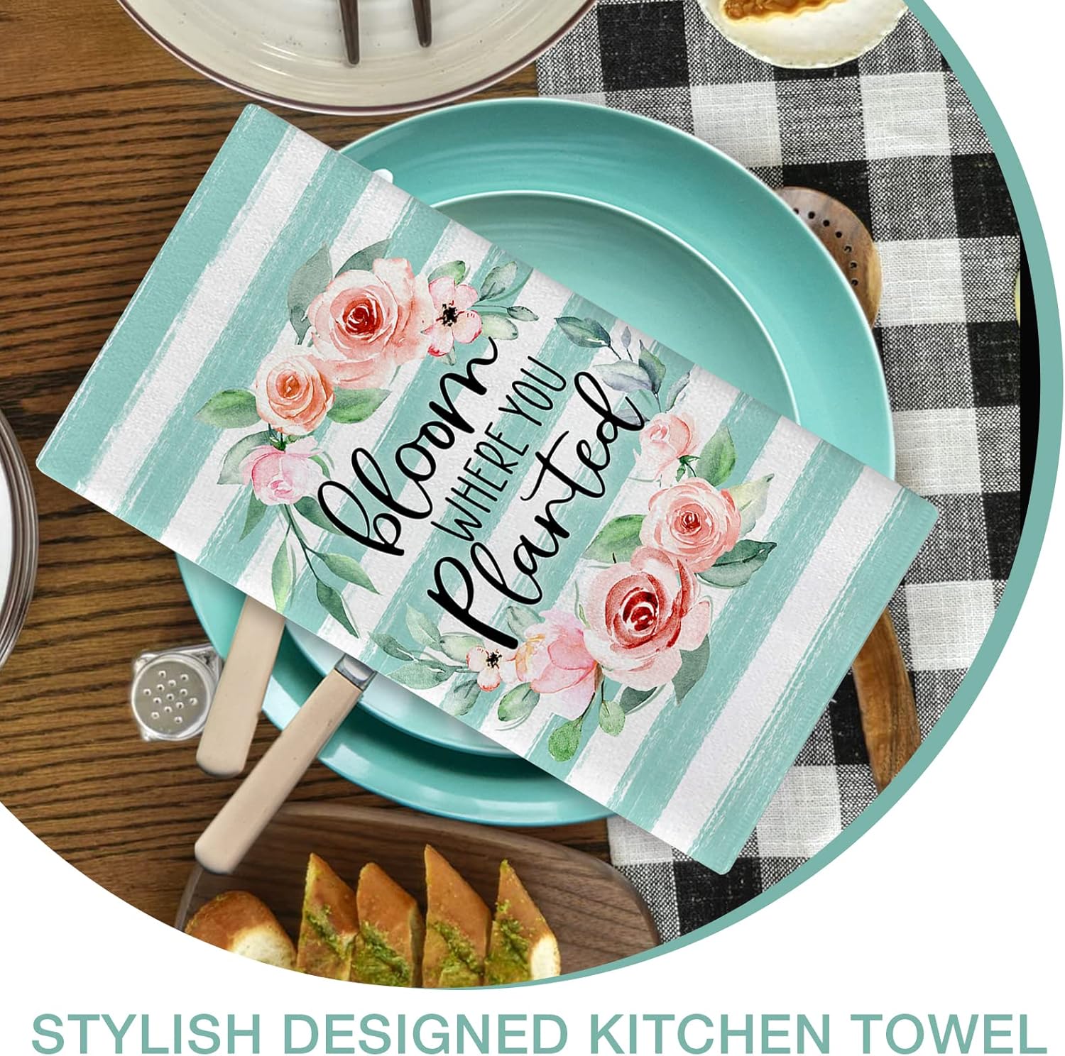 Seliem Happy Spring – Juego de 2 toallas de cocina con diseño de cactus y flores suculentas, guirnalda de rosas, color verde menta, búfalo a rayas,