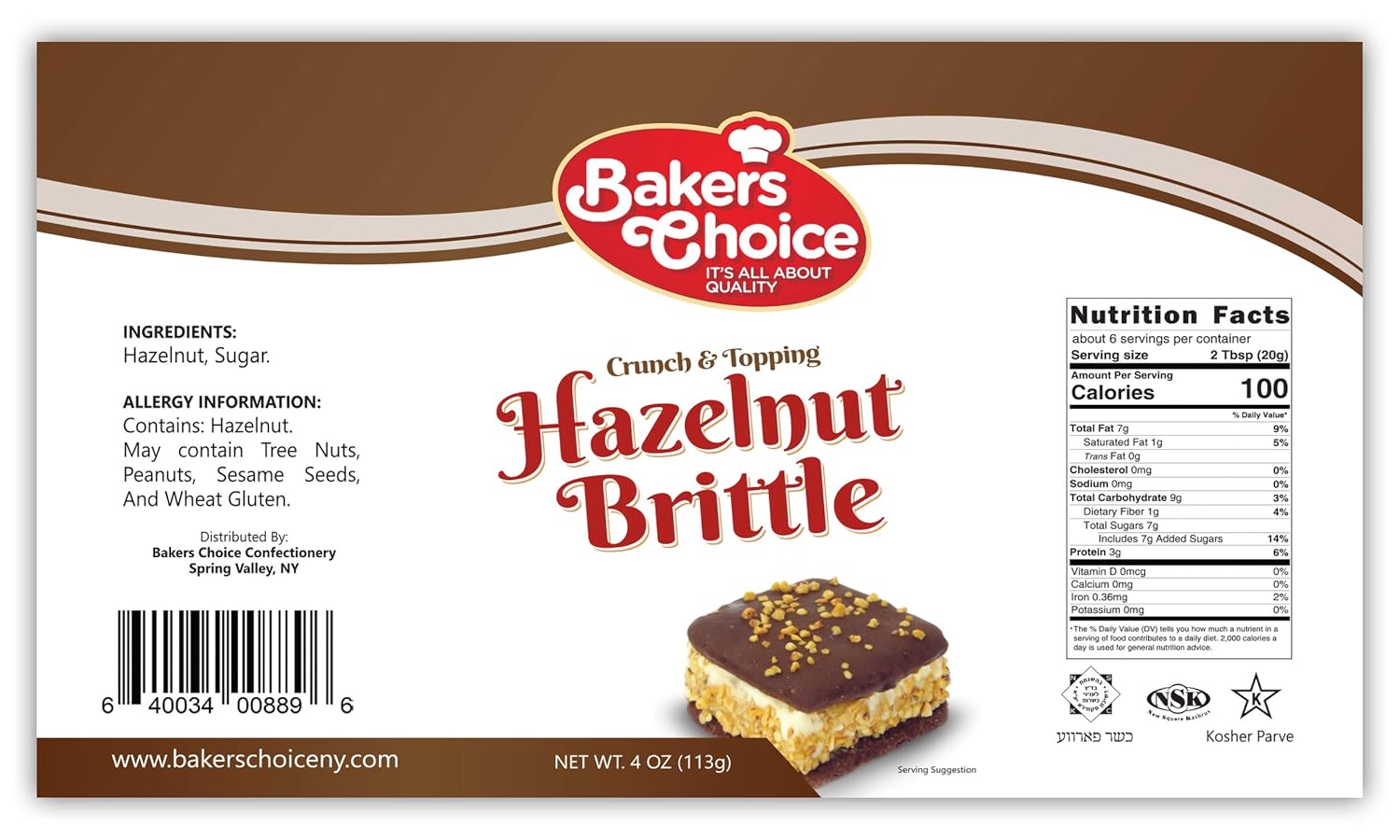 Baker’s Choice Avellana quebradiza crujiente  cobertura de helado de postre de nuez  Para helado, helados, cupcakes o batidos  Sin lácteos, Kosher