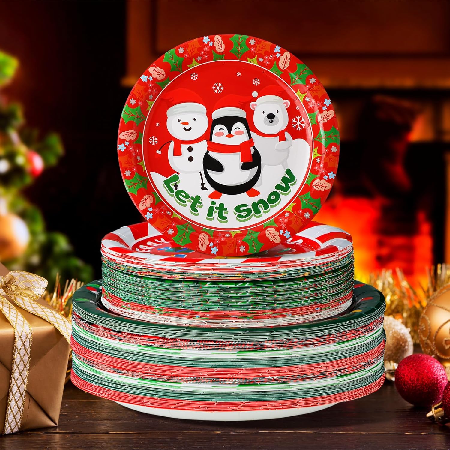 100 platos de papel de Navidad, redondos, desechables, suministros de fiesta de Navidad con colorido diseño de árbol de Papá Noel, alce, muñeco de