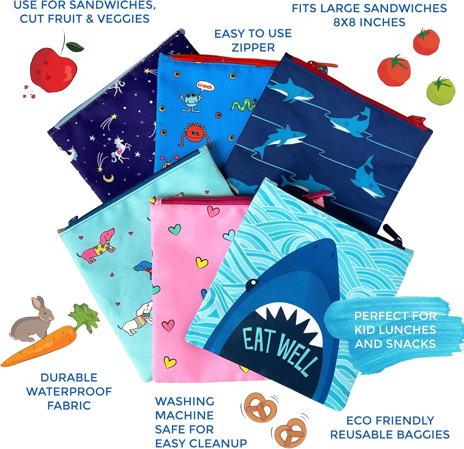 Yumbox Bolsas reutilizables para sándwiches y aperitivos (paquete de 2) divertidas impresiones de tiburones para niños pequeños y niños, ecológicas,