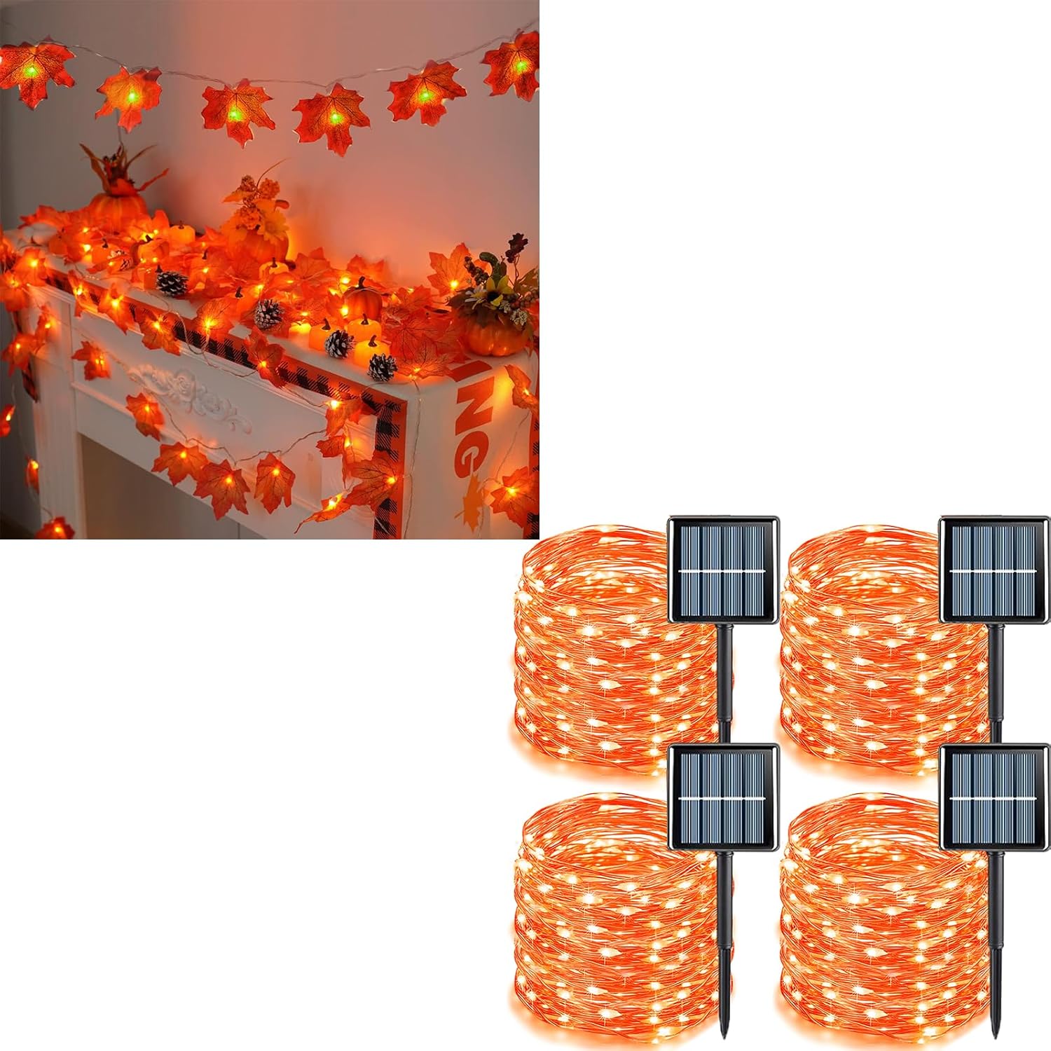 YEGUO 2 piezas de decoración de otoño para el hogar, total de 20 pies, 40 luces LED de hojas de arce con batería4 paquetes de 100 luces LED solares