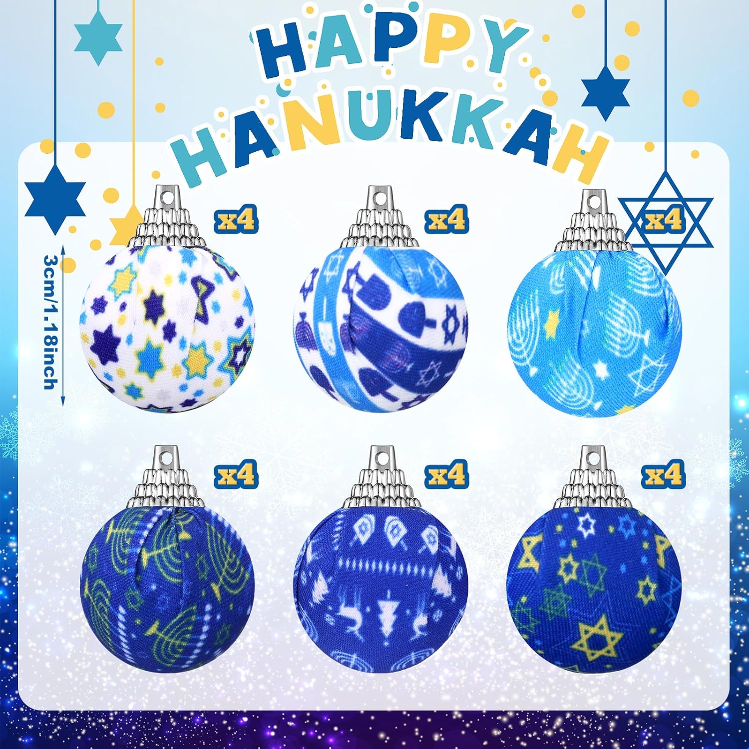 24 adornos de bola de Hanukkah, adornos de árbol de Hanukkah, adornos azules y blancos, decoración de árbol de Navidad para Hanukkah, fiesta de