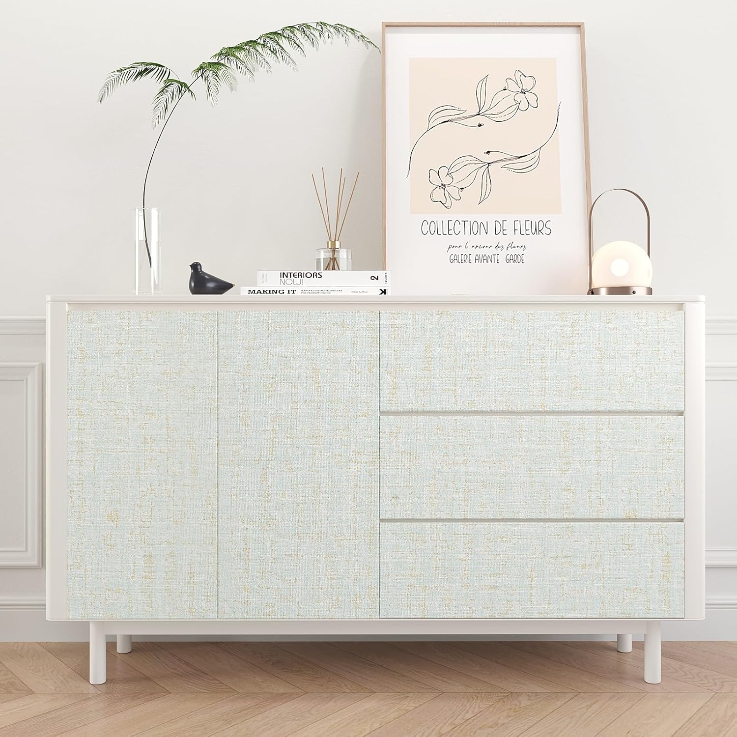 VEELIKE Papel tapiz azul dorado con textura de tela de pasto azul para dormitorio, baño, 15.7 x 354 pulgadas, papel de contacto de tela de lino azul