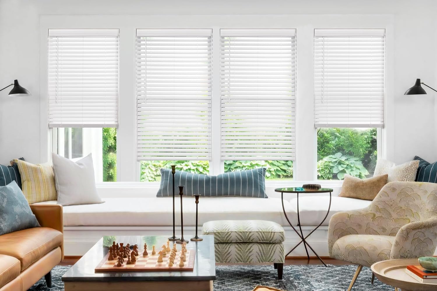 LazBlinds Persianas de madera sintética sin cordones de 2 pulgadas con cenefa real, persianas horizontales para oscurecer la habitación, persianas