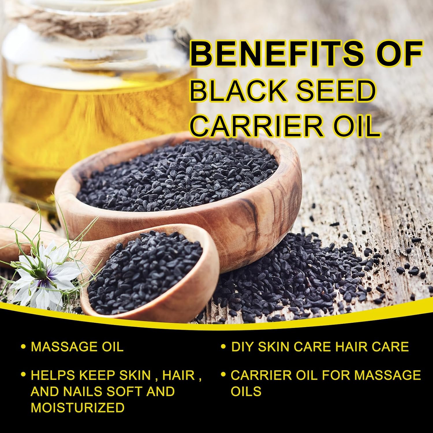 Tiuedu Aceite de semilla negra orgánica para cabello, cuerpo y piel, 100% puro, aceite de semilla negra prensado en frío, mejor para articulaciones