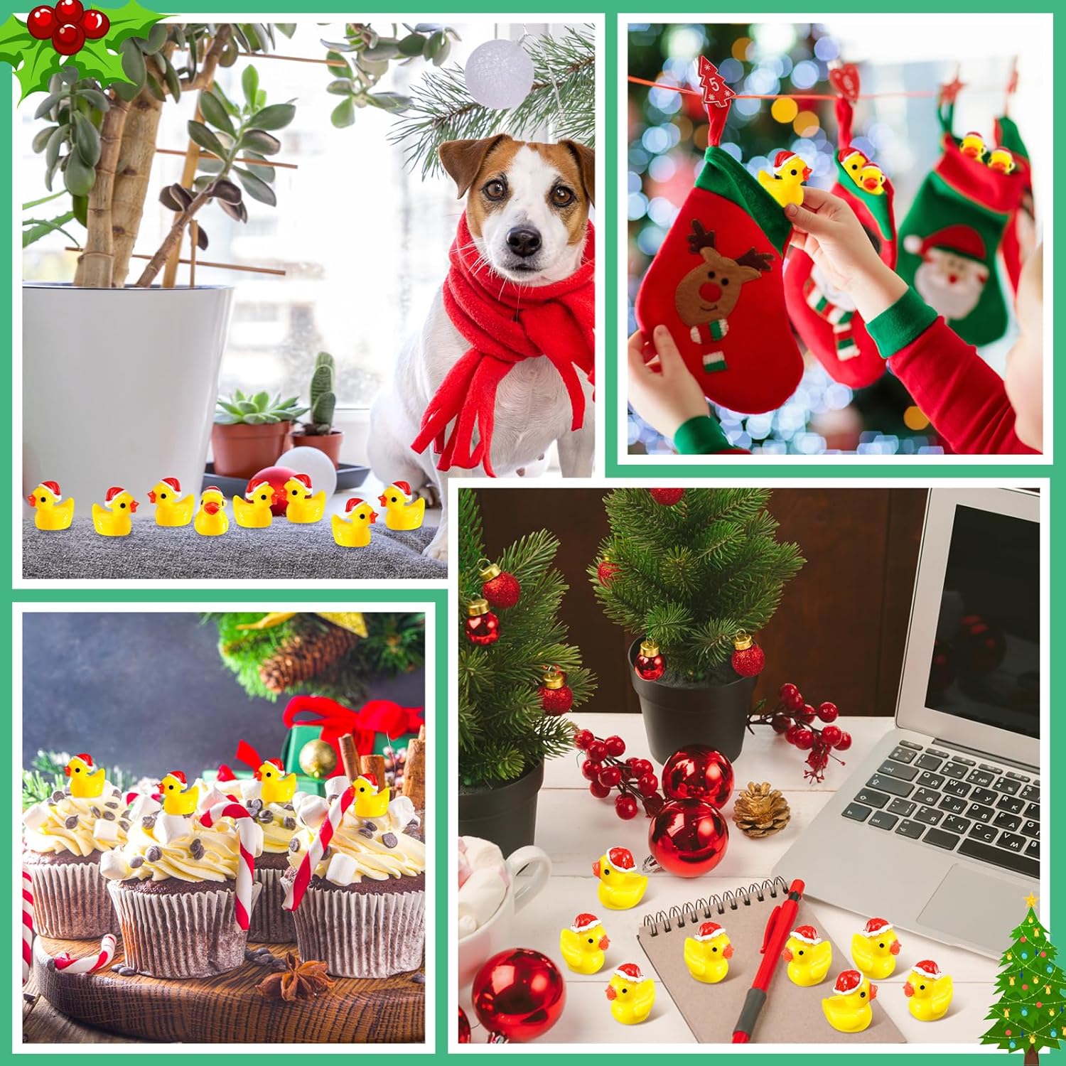 Fumete 200 piezas de mini patos de resina de Navidad, pequeñas figuras de pato en miniatura, sombrero de Navidad, pato, micro paisaje, jardín,