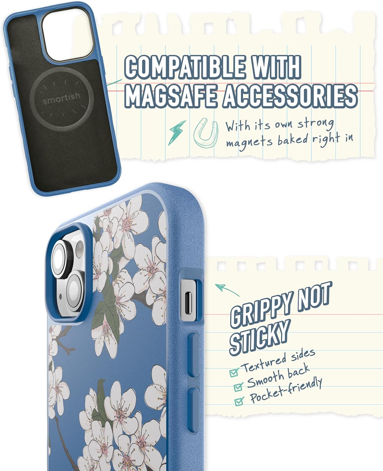 Smartish Funda magnética para iPhone 15 Plus, Gripmunk compatible con MagSafe ligera + protectora, funda de agarre delgadafina con forro de