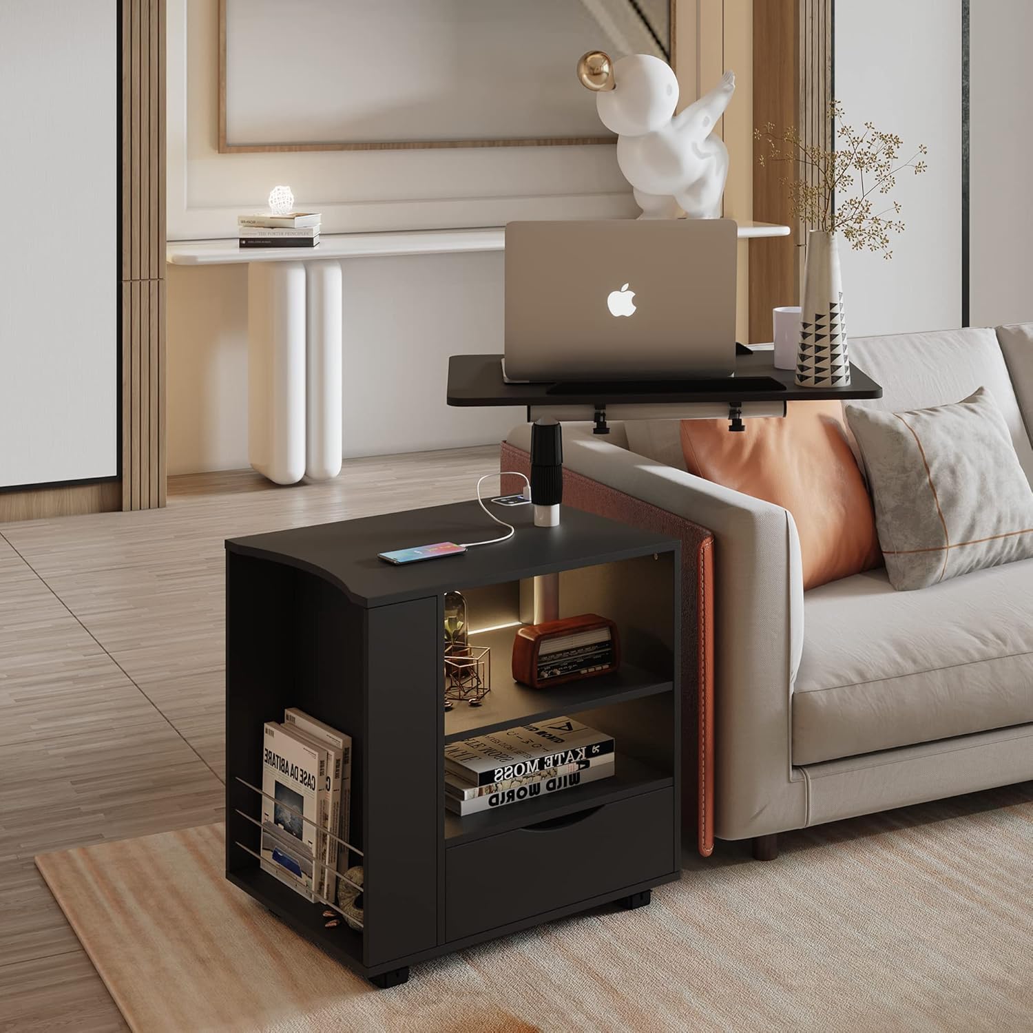 dnbss Juego de 2 mesitas de noche LED, mesa de noche moderna, mesita de noche inteligente con estación de carga USB, cajón de almacenamiento,