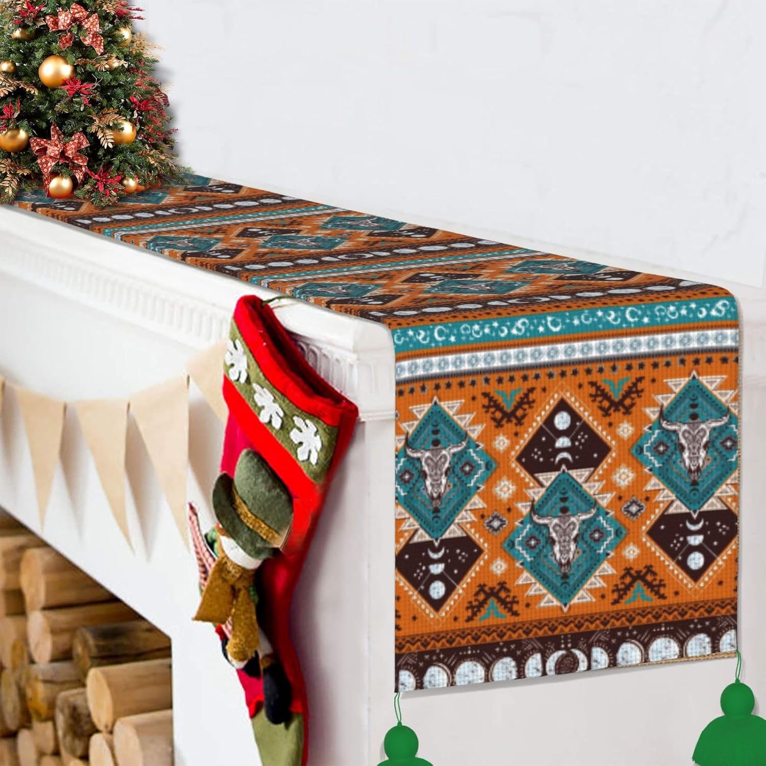 Camino de mesa de Navidad con diseño geométrico azteca indio, tribal, decoración de Navidad, decoración de Navidad, decoración de interiores del