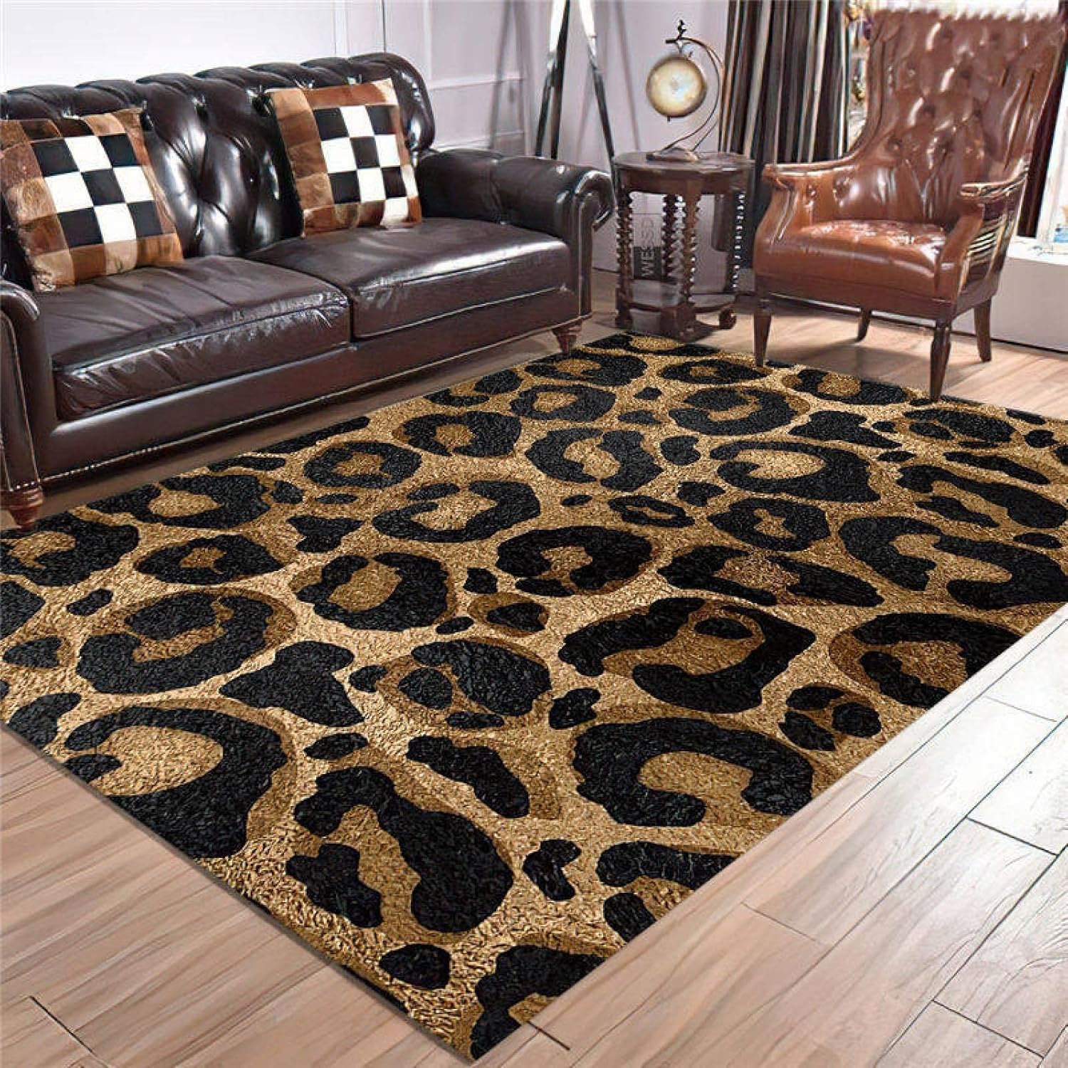 Alfombra moderna con estampado de leopardo nórdico, alfombra grande color negro y marrón, de pelo bajo, antideslizante, apta para mascotas, fácil de