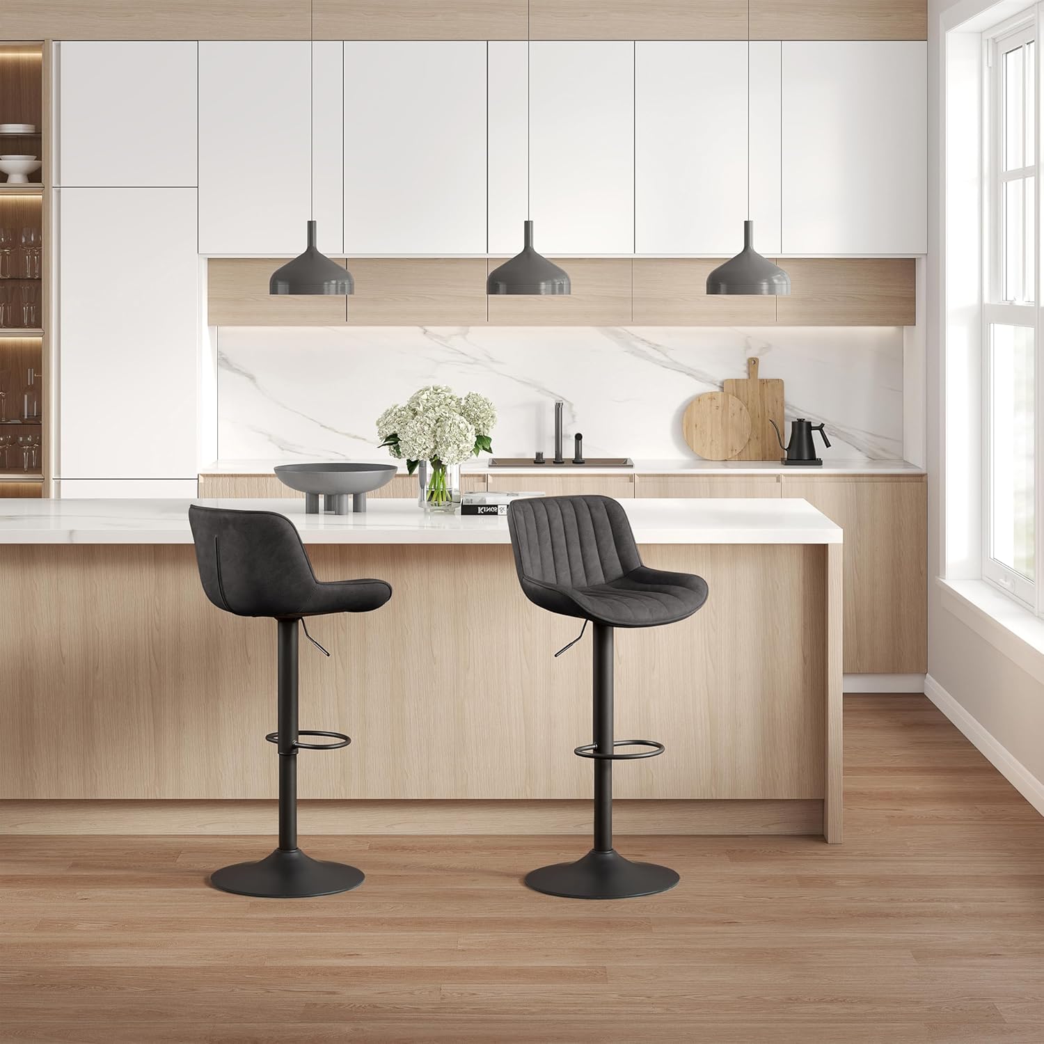 Art Leon Morden – Juego de 2 taburetes de bar de piel sintética con respaldo, silla giratoria ajustable para el hogar, cocina, isla pub, base con