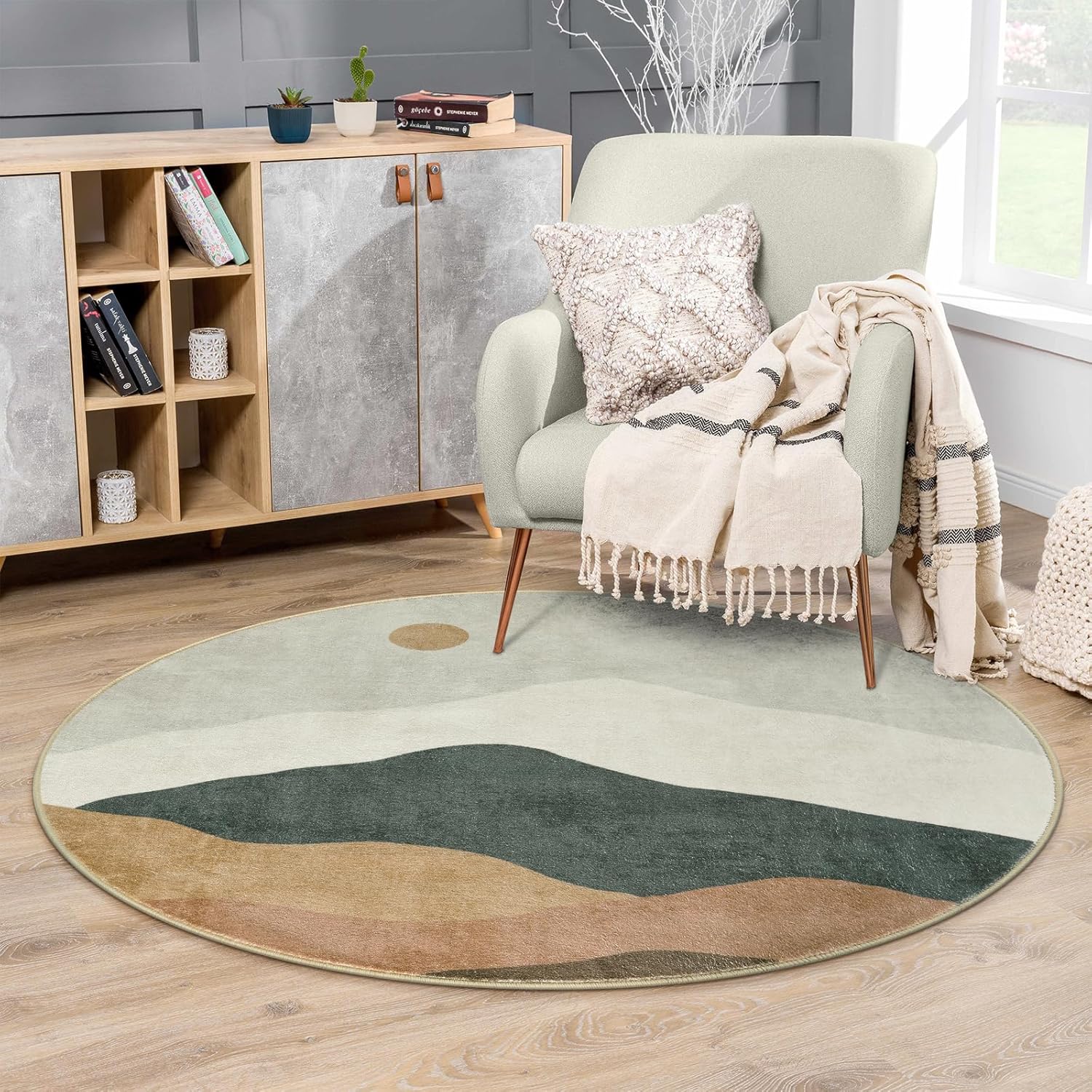 Alfombra redonda abstracta de 3 pies, elegante, lavable, antideslizante, para suelo de montaña, suave, de pelo bajo, para interiores, para
