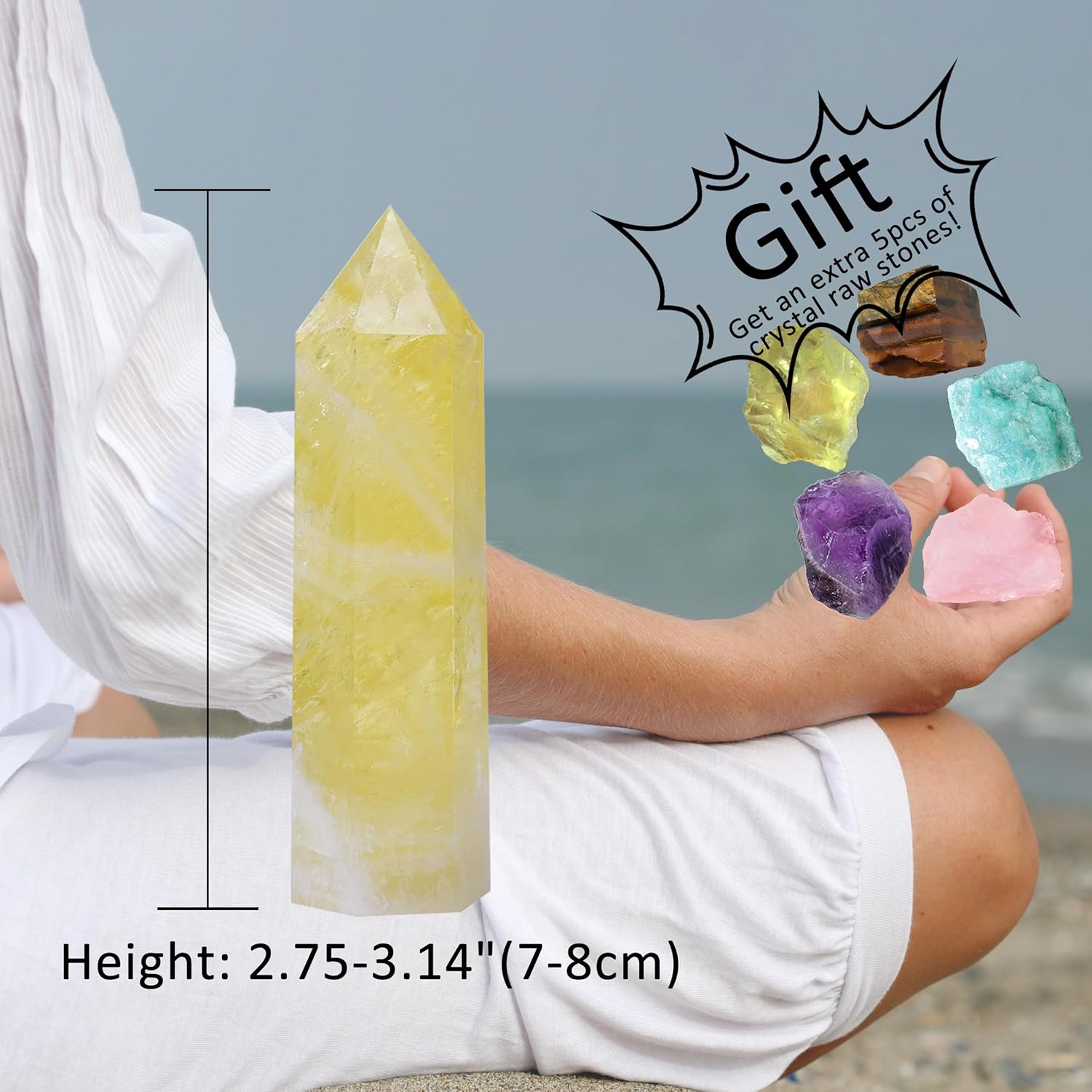 Runyangshi Torre de cristal de citrino natural de 3 pulgadas con 5 piedras crudas de cristal en bruto para Reiki Chakra Meditación Terapia