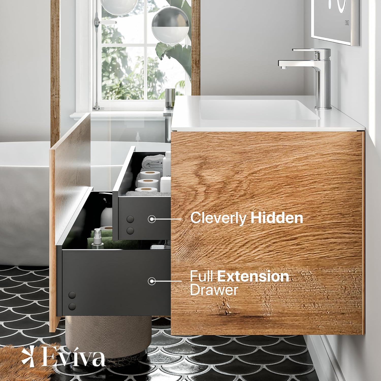 Eviva Tocadores de baño modernos montados en la pared, tocador de baño de roble de ingeniería de 36 pulgadas con fregadero, gabinete de lavabo de