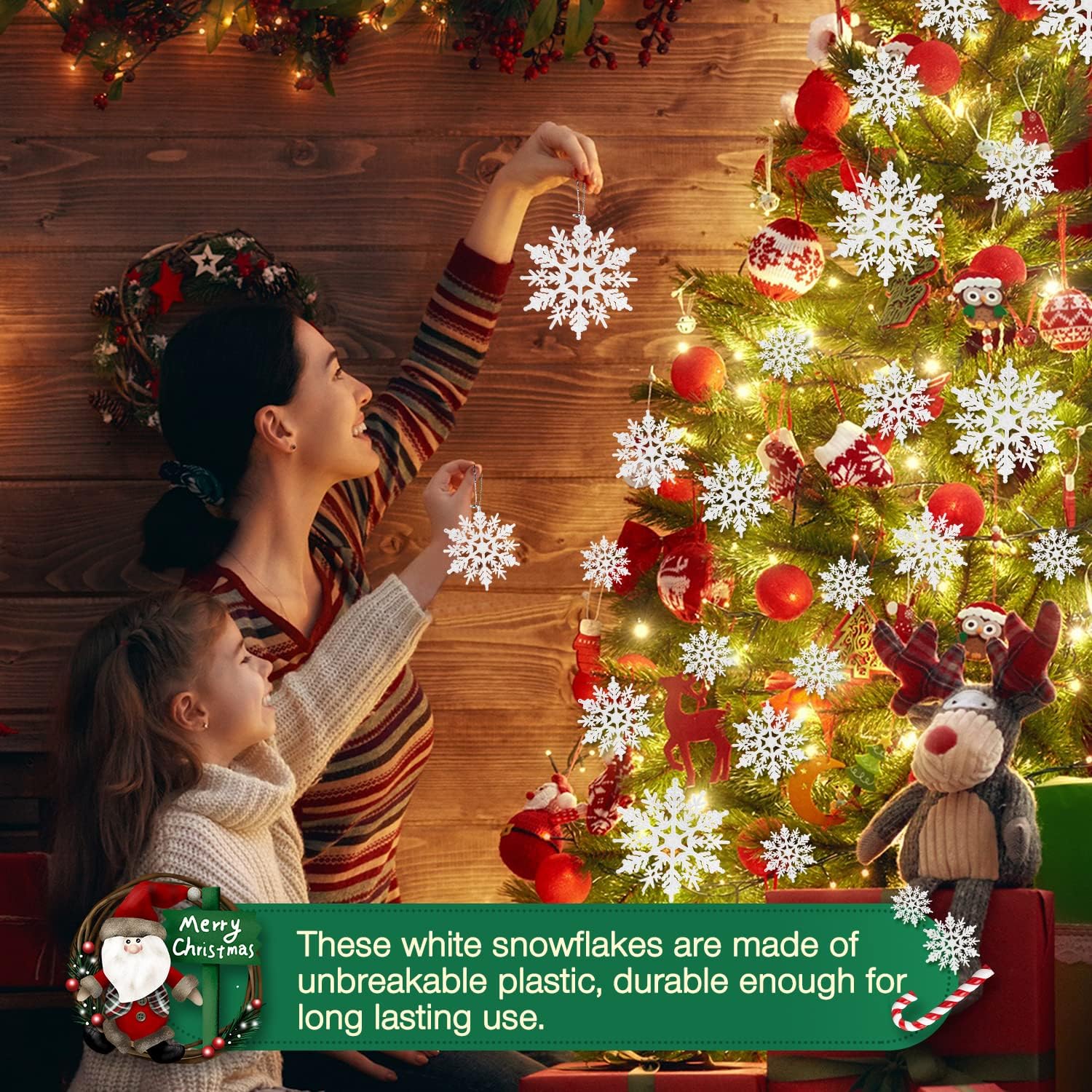 46 piezas de adornos de copo de nieve con purpurina blanca de varios tamaños, decoraciones de árbol de Navidad de plástico con cuerda plateada para