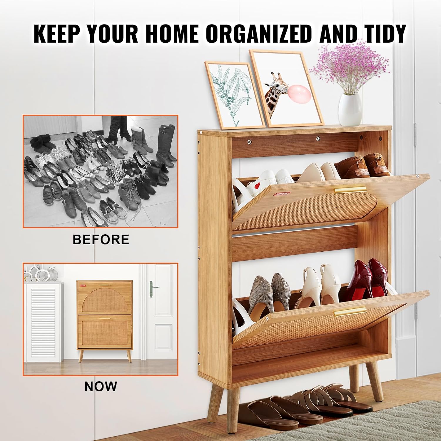VEVOR Shoe Storage Cabinet for Entryway, 23.6″ D x 6.6″ W x 34.5″ H, Wood Color