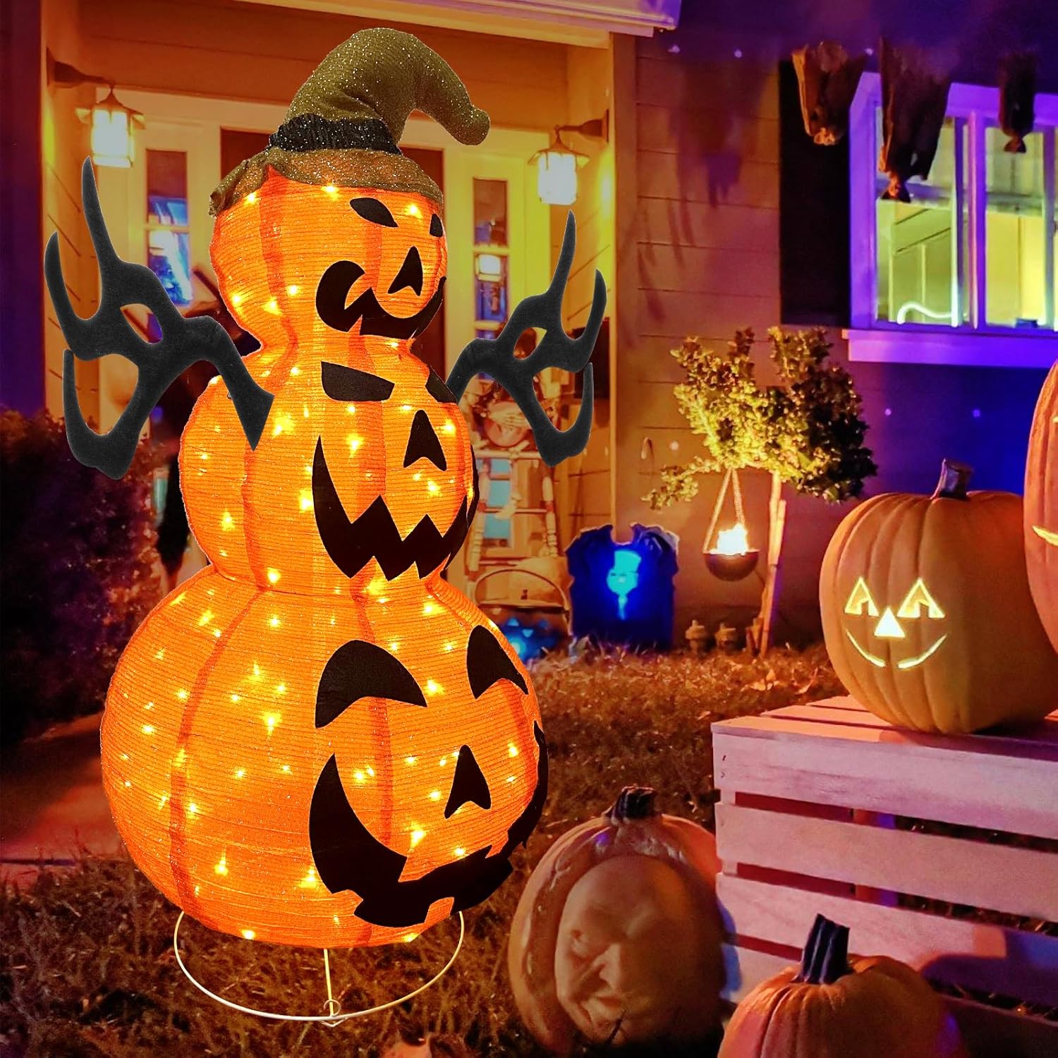 Yumhum Decoraciones de calabaza de Halloween preiluminadas de 3.9 pies para exteriores, para porche, enchufar 120 luces LED naranjas, 8 modos de
