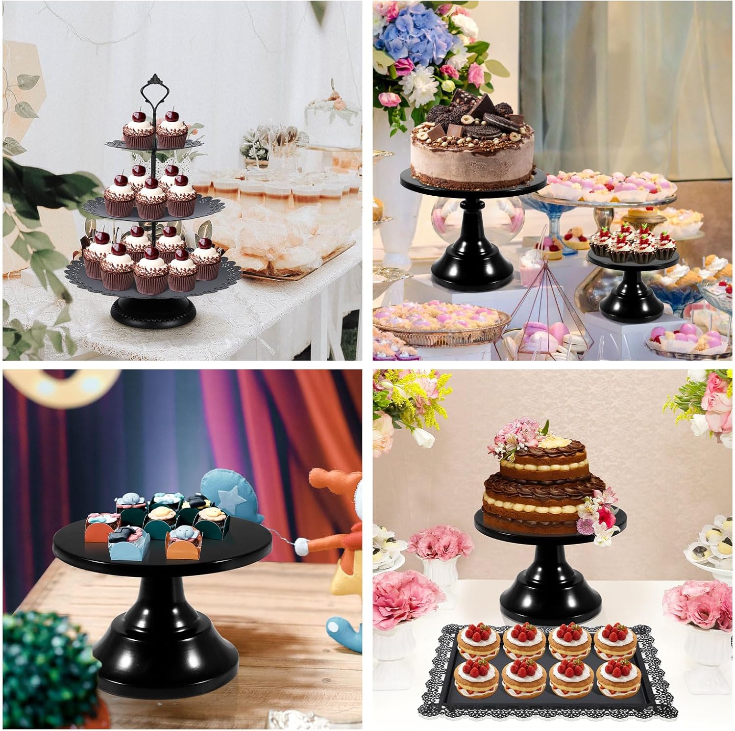tchrules Juego de soportes negros para tartas, soportes de exhibición de mesa de postres de metal, soporte escalonado para cupcakes con bandejas de