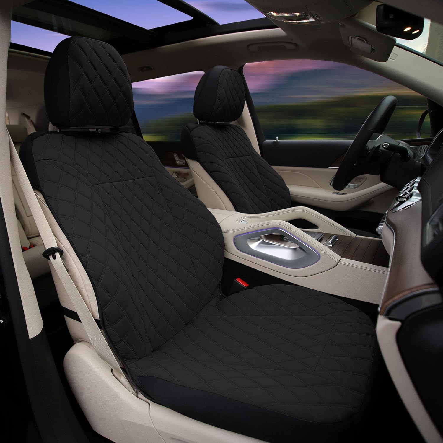 TLH Prestige 79 – Cojines de asiento de coche Neosupreme color negro con puntada de diamante, paquete de dos fundas de asiento para autos, camiones,
