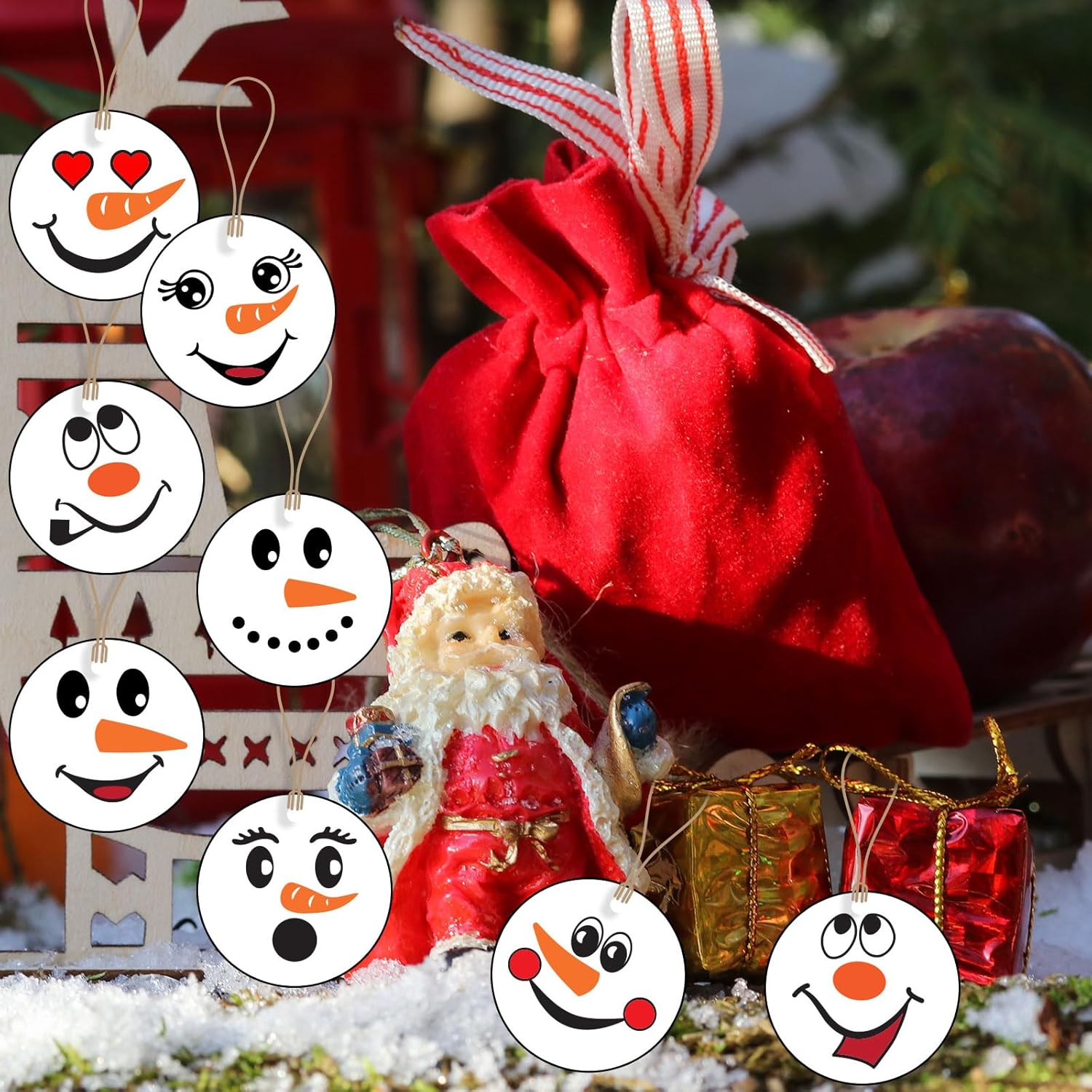 24 piezas de adornos de madera con cara de muñeco de nieve de Navidad, adornos de árbol de Navidad, decoración colgante, cara de muñeco de nieve,
