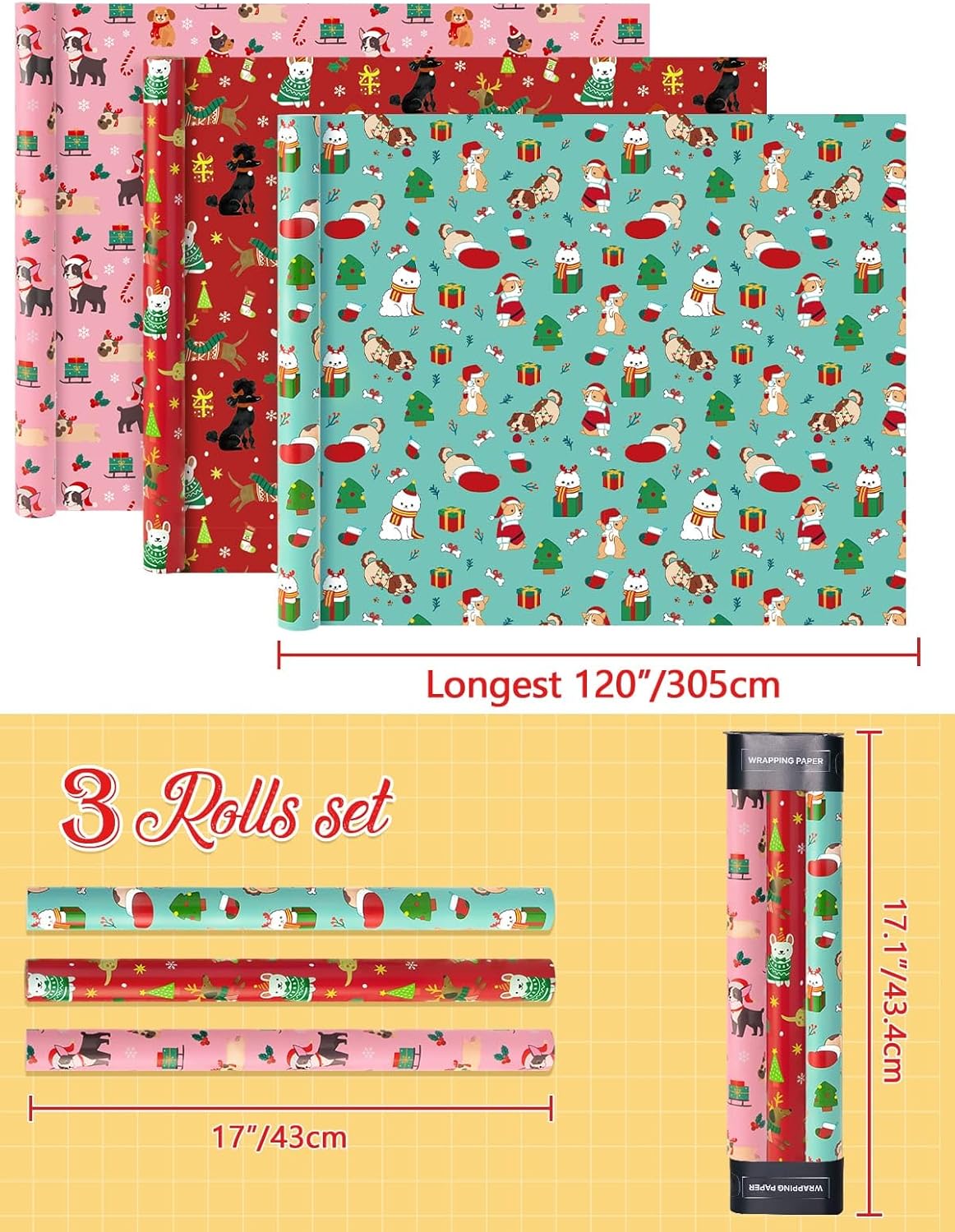 Rollos de papel de regalo de Navidad para perros, 3 rollos de papel de regalo de Navidad de 17 x 120 pulgadas, papel de regalo de Navidad, papel de