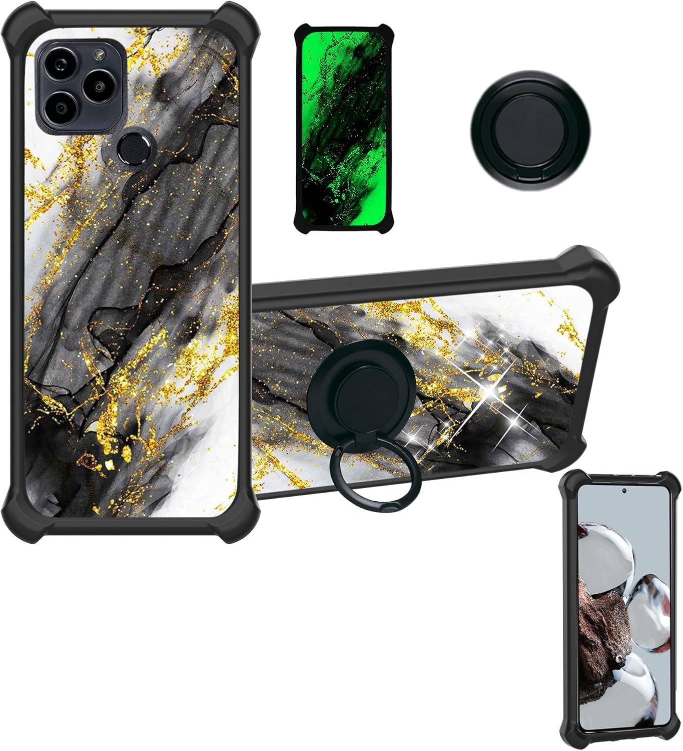 Aroepurt Pinwheel Slim 5 – Funda para teléfono inteligente compatible con BLU G91S 2022 (PC duro + silicona suave), con purpurina dorada y luminosa,