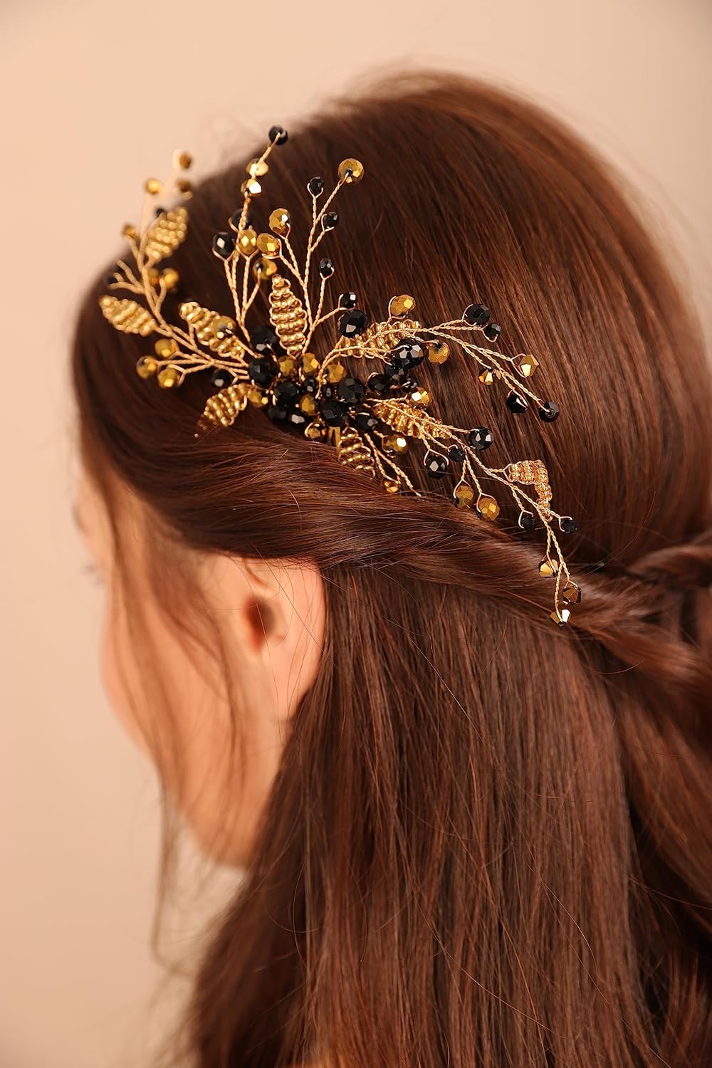 BERYUAN Peine de pelo con cuentas doradas de cristal negro, pieza de pelo de boda, diadema dorada para novia, estilo bohemio, accesorio elegante